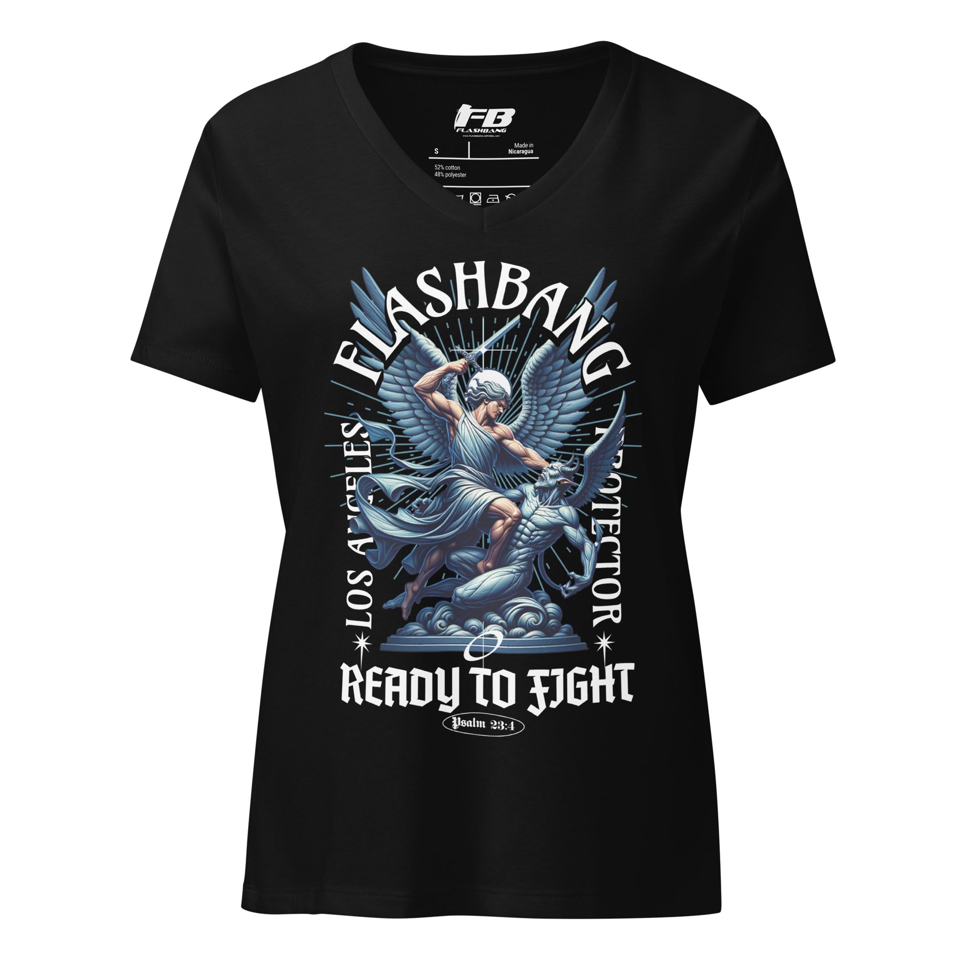 Black t-shirt with graphic design and text on a white background