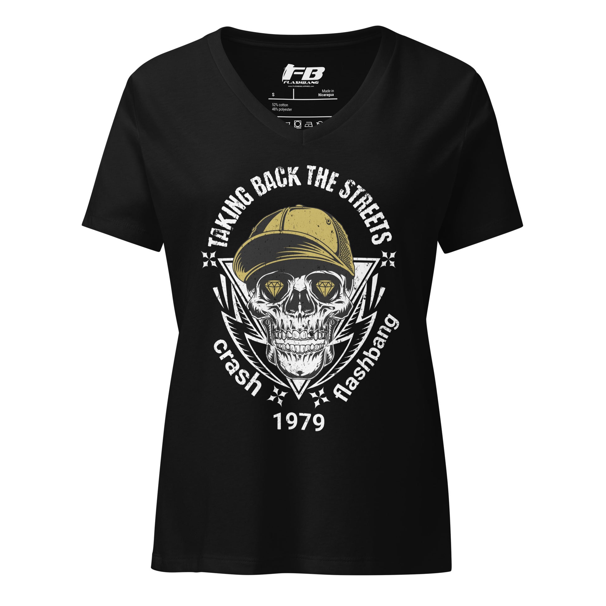 Black t-shirt with skull and cap graphic design on a white background