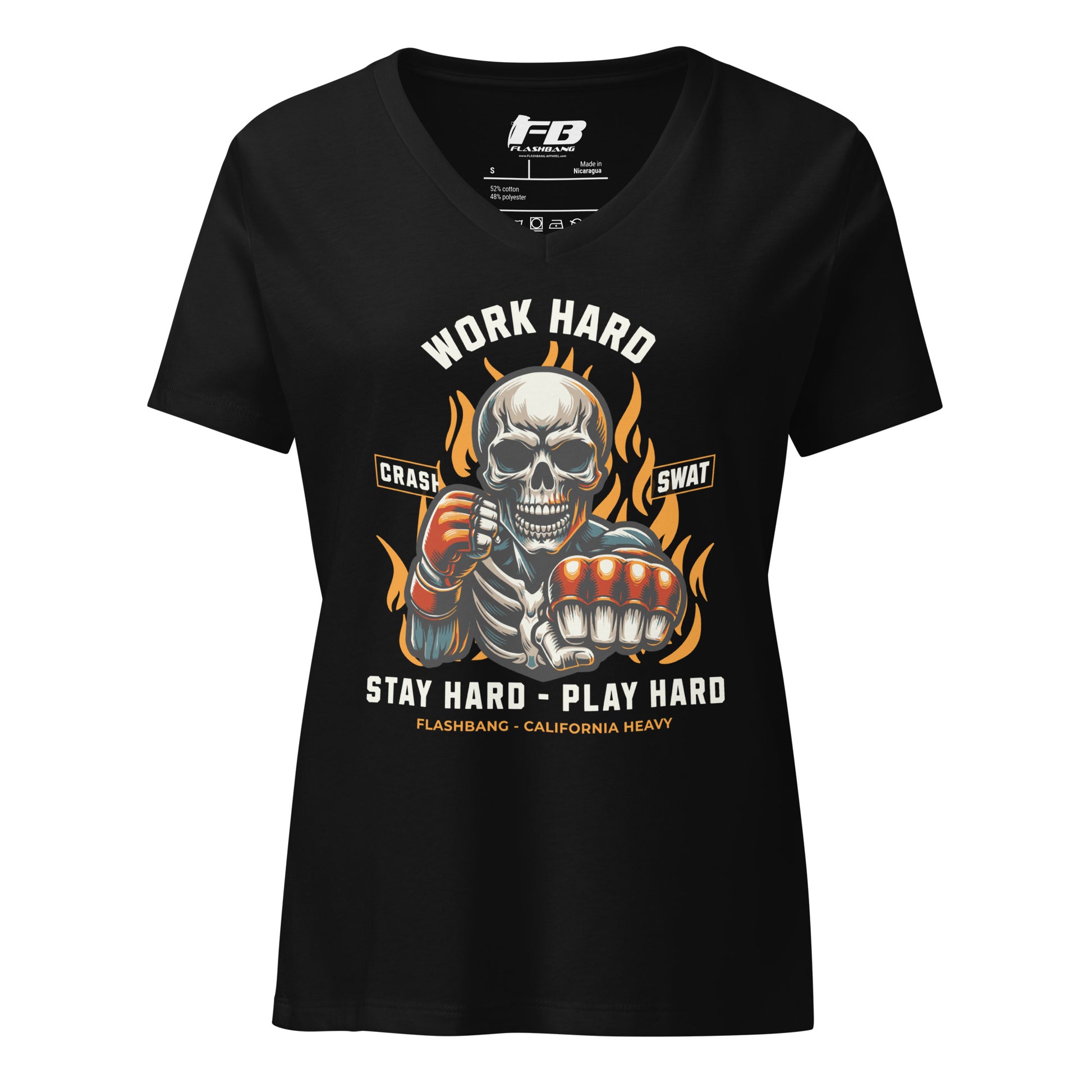 Black t-shirt with a graphic design featuring a skeleton and text on a white background