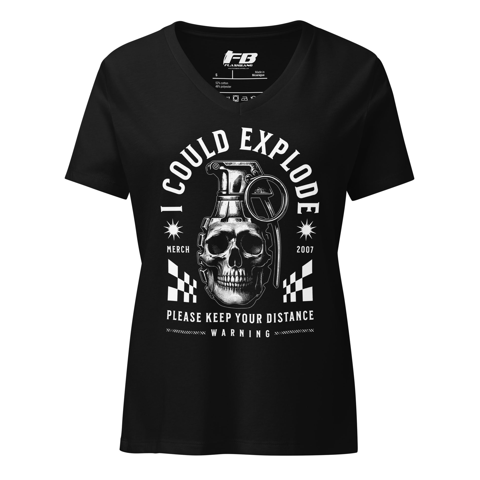 Black t-shirt with graphic design featuring a skull and grenade, brand 'FB' visible.