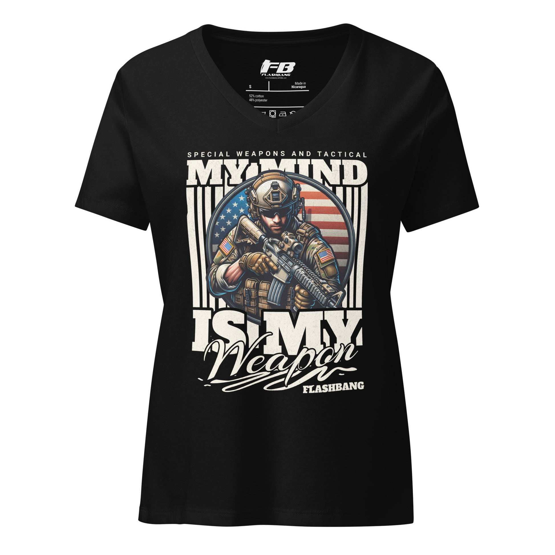 Black t-shirt with graphic design featuring a soldier and text on a white background