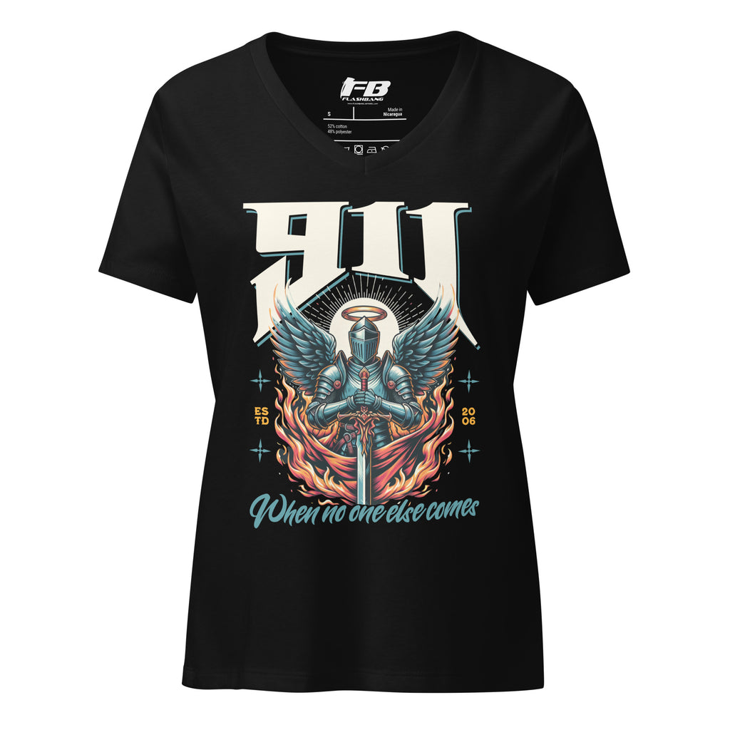 Black t-shirt with a graphic design of a knight and text on a white background