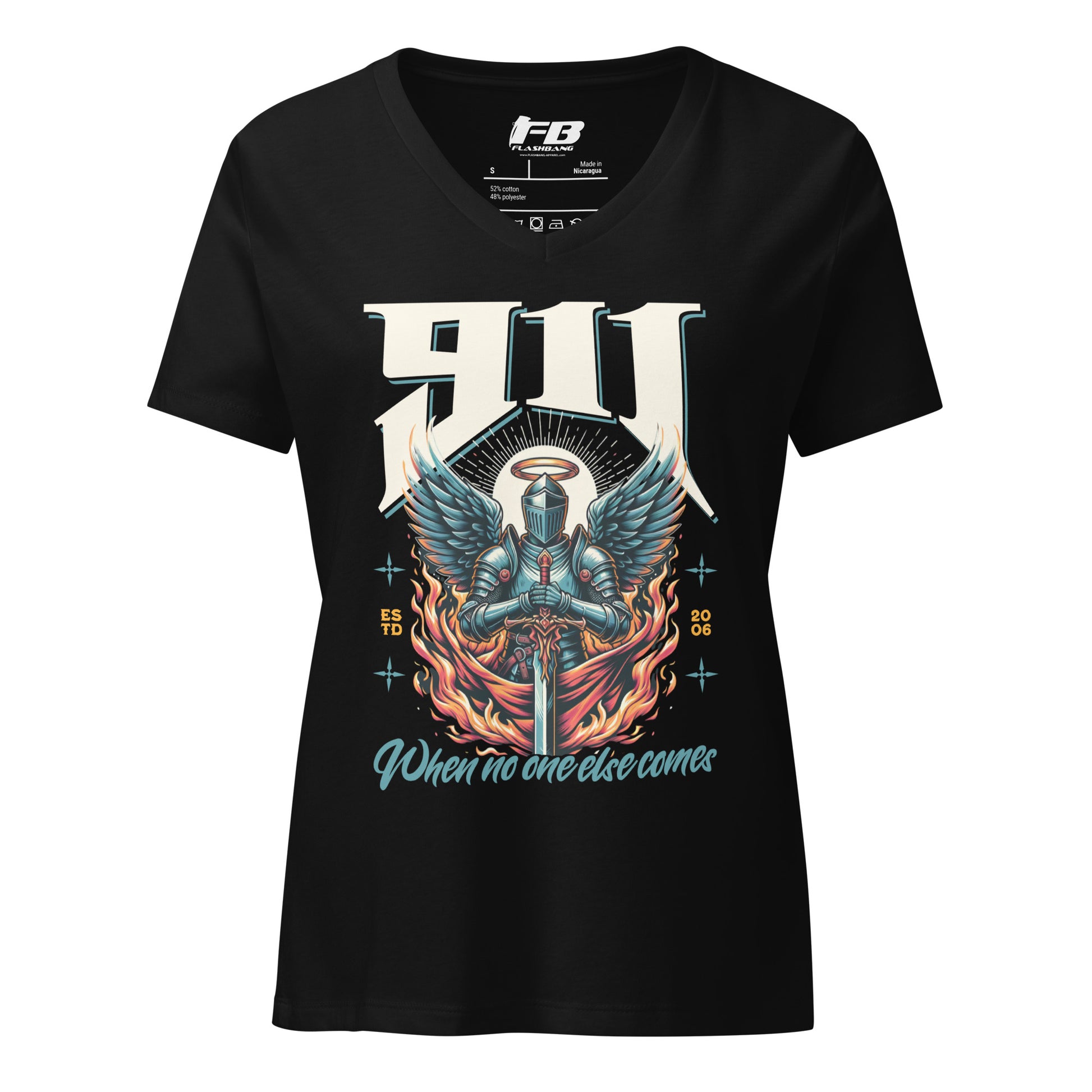 Black t-shirt with a graphic design of a knight and text on a white background