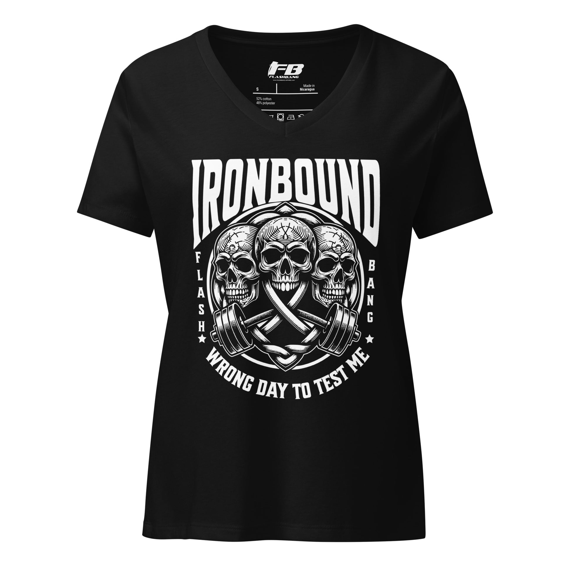 Black t-shirt with skull and crossbones design and 'IRONBOUND' text on a white background