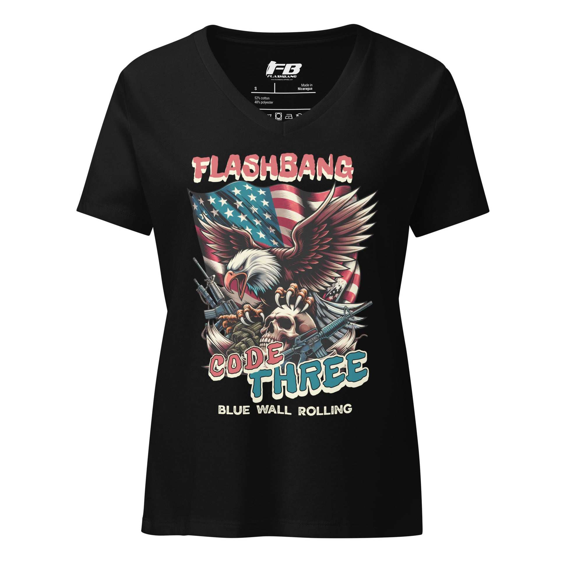 Black t-shirt with 'Flashbang Code Three' graphic design featuring an eagle and American flag on a white background.