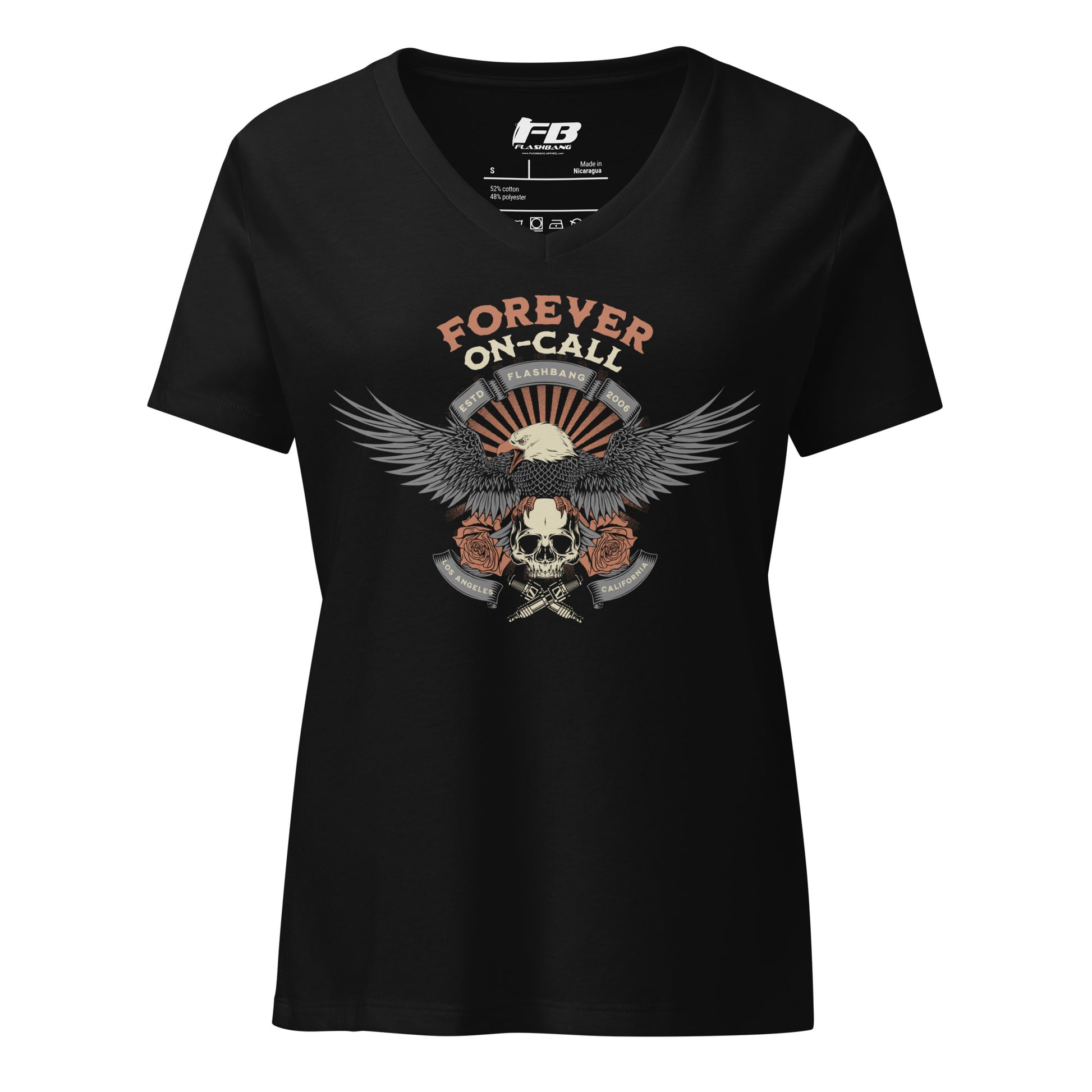 Black t-shirt with a graphic design featuring an eagle, skull, and text on a white background