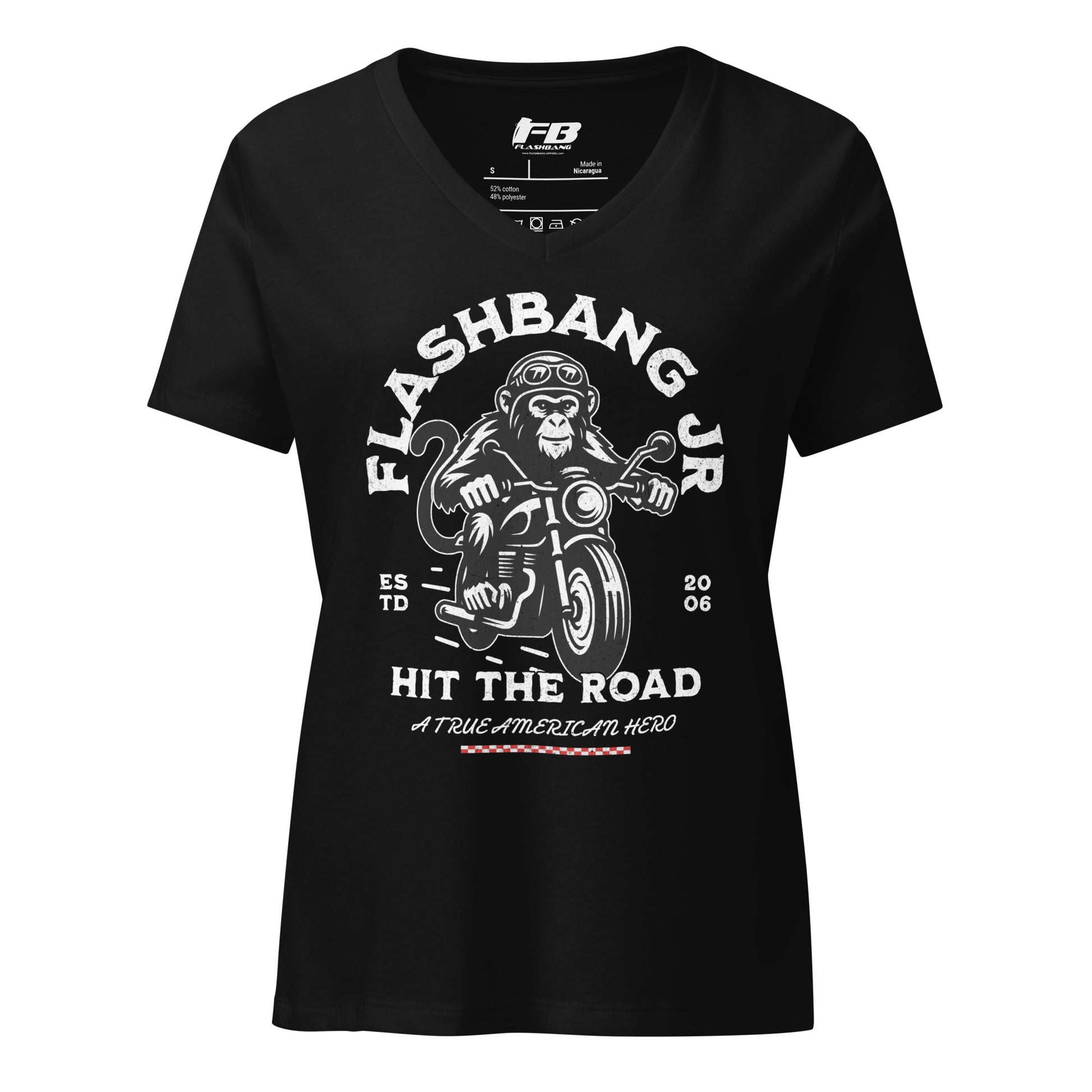 Black t-shirt with a graphic design of a monkey on a motorcycle and text 'Flashbang Jr Hit the Road' on a white background.