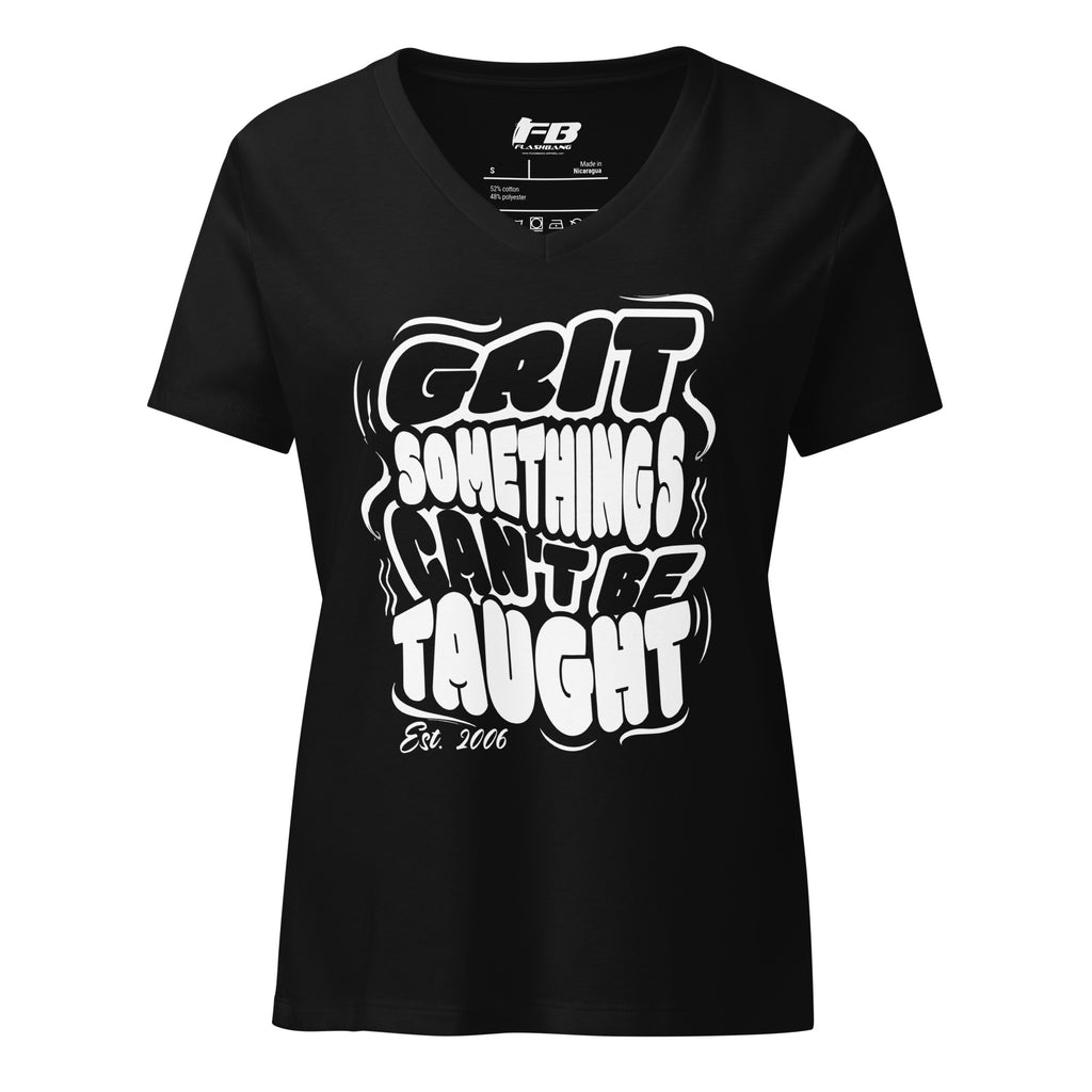 Black t-shirt with white text 'GRIT SOMETHINGS CAN'T BE TAUGHT' on a white background