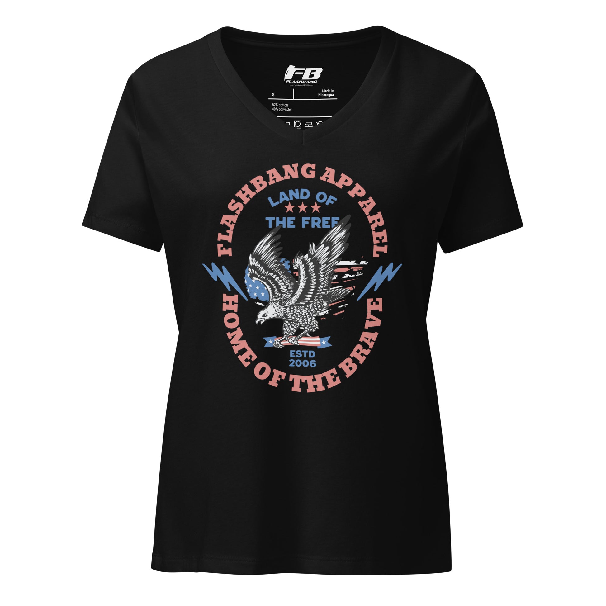 Black t-shirt with graphic design and 'Flashbang Apparel' branding on a white background