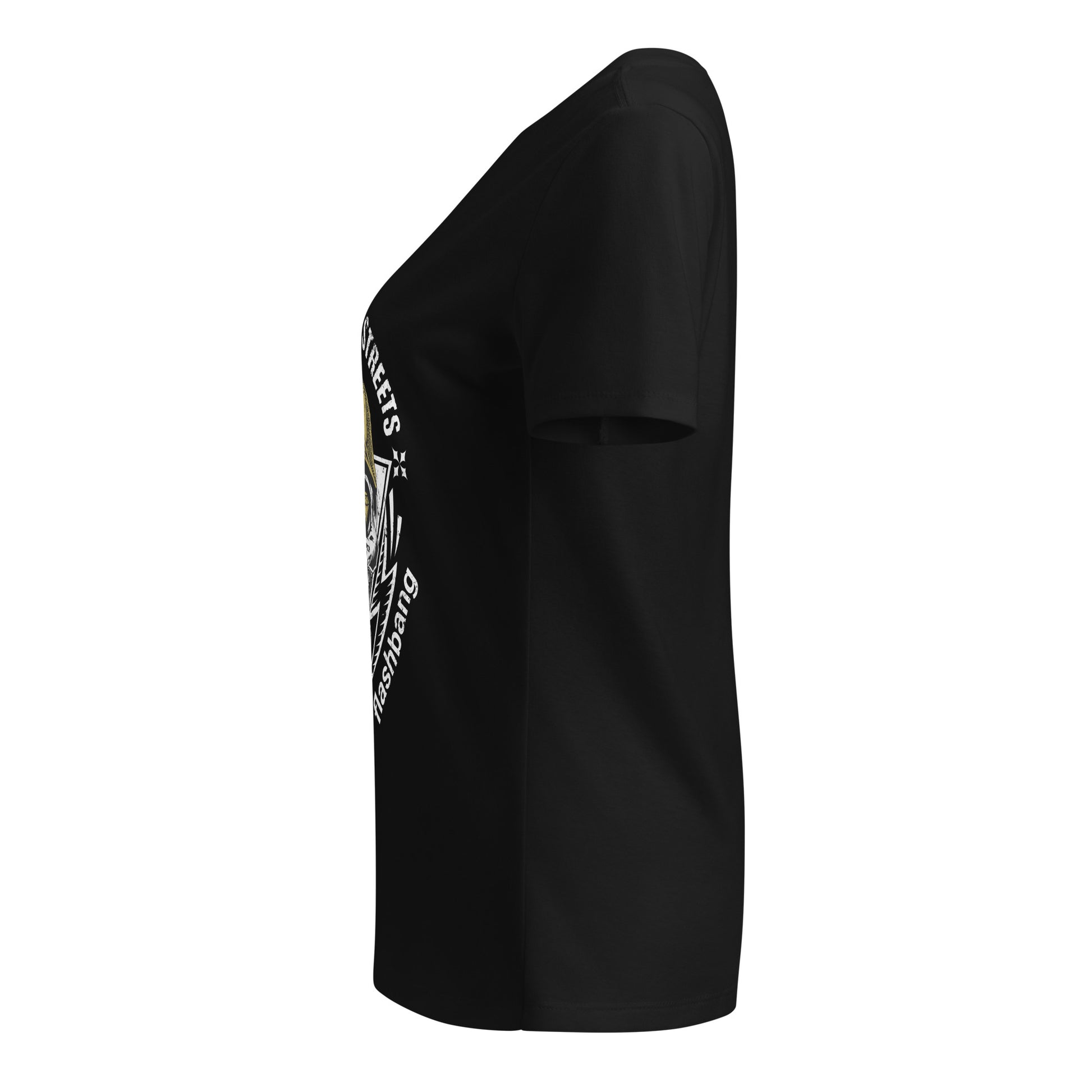 Black t-shirt with a graphic design on a white background