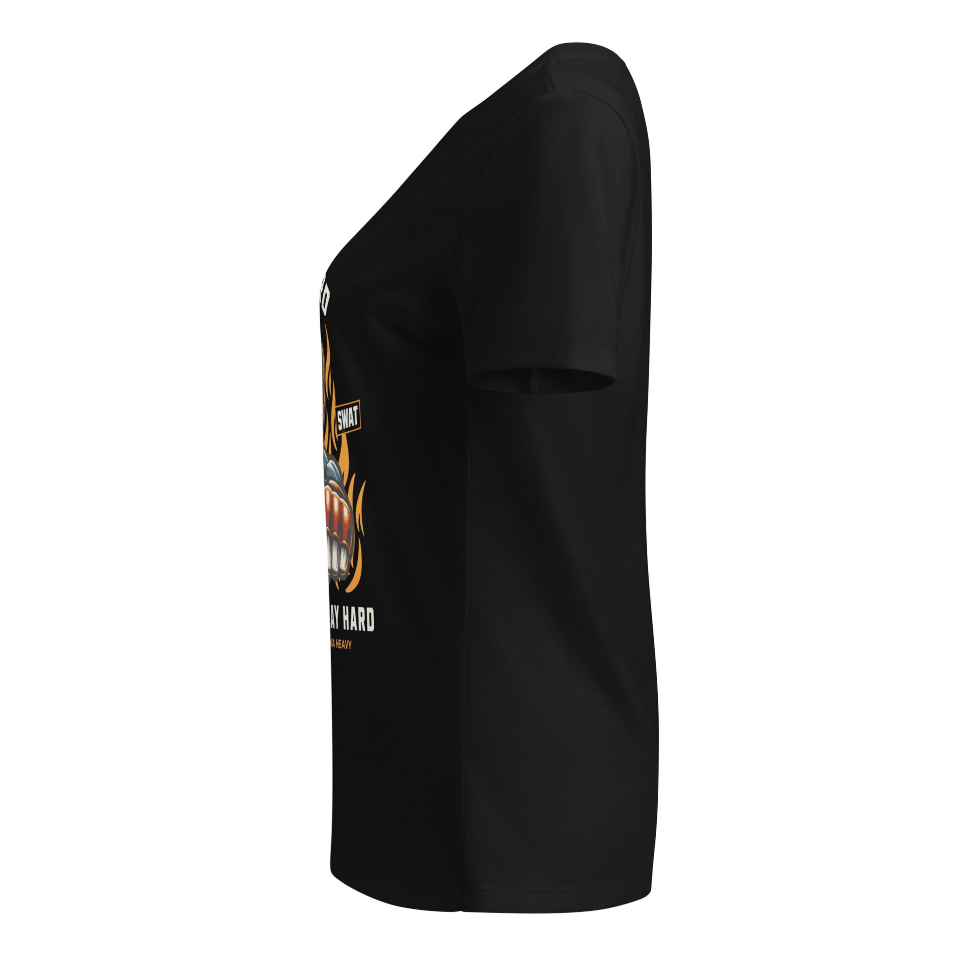Black t-shirt with a graphic design on the sleeve against a white background