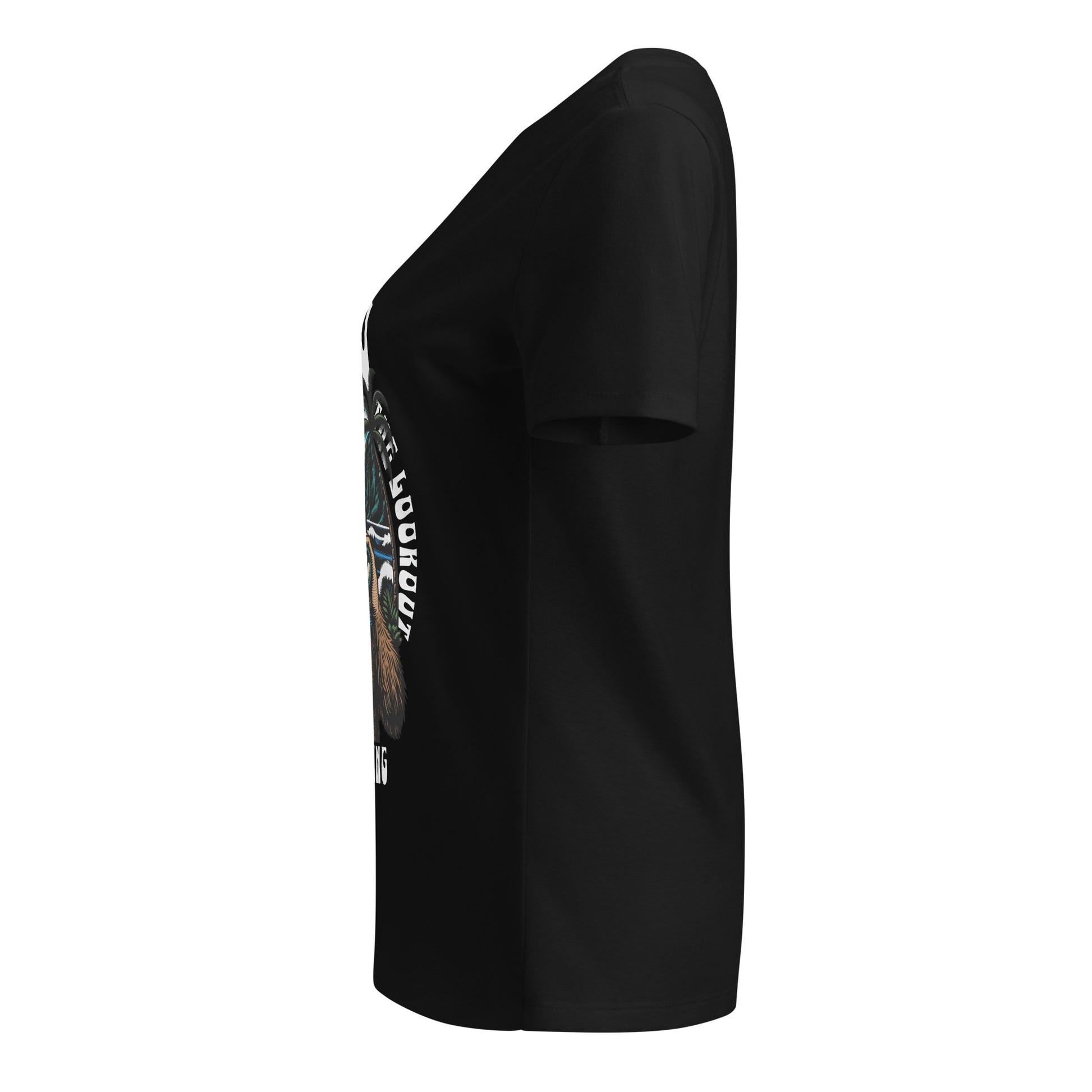 Black t-shirt with a graphic design on the sleeve against a white background