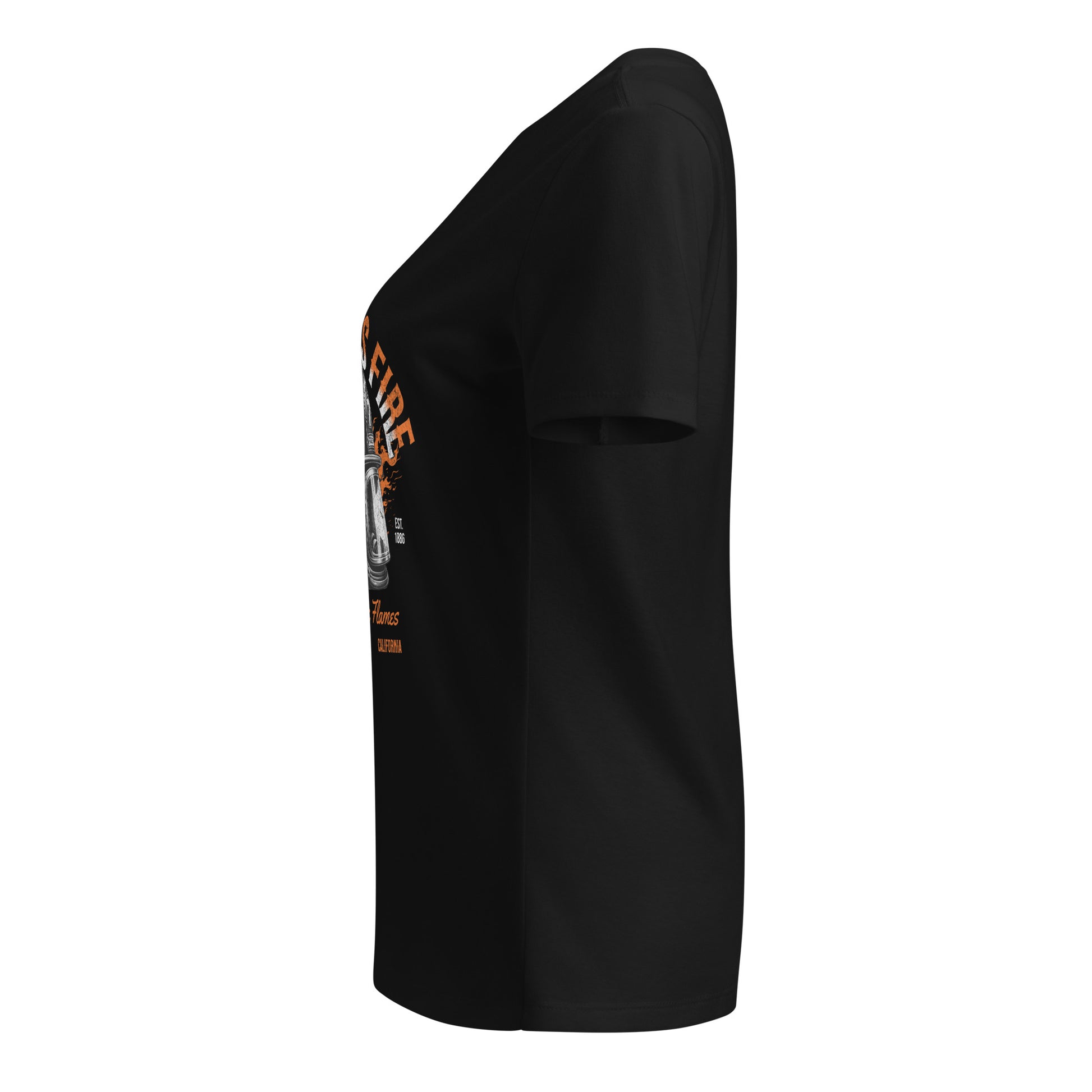 Black t-shirt with a graphic design on the sleeve against a white background