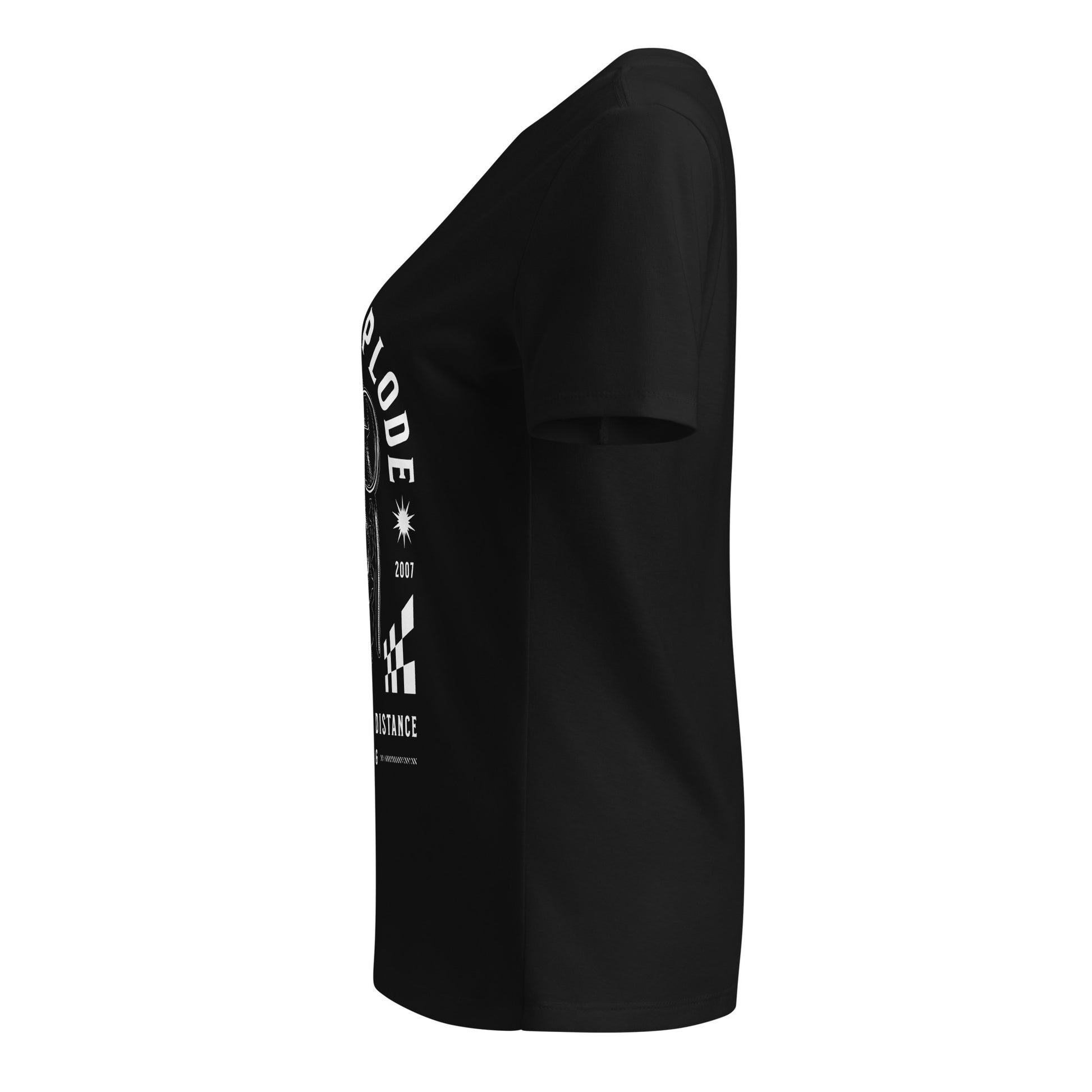 Black t-shirt with white text and graphics on a white background
