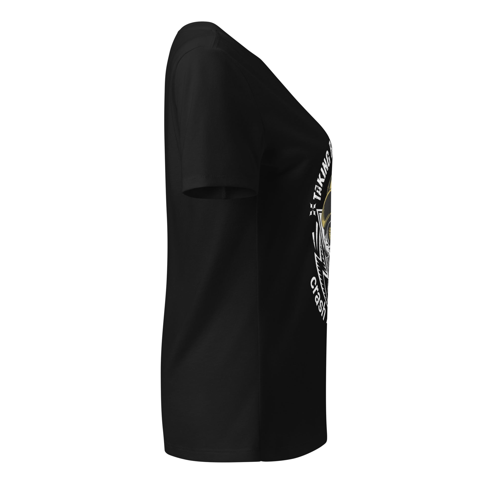 Black t-shirt with a graphic design on the sleeve against a white background