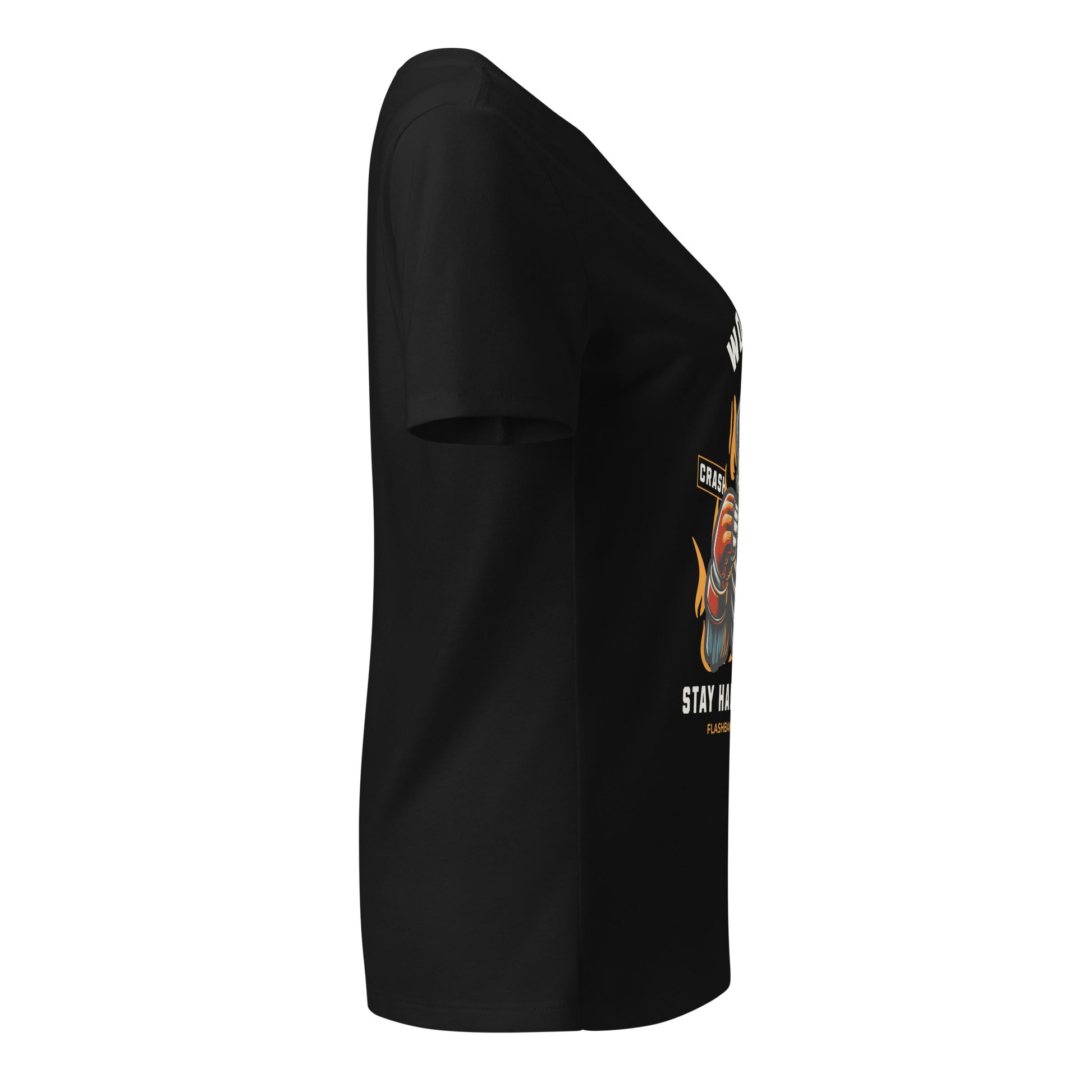 Black t-shirt with a graphic design on the sleeve against a white background
