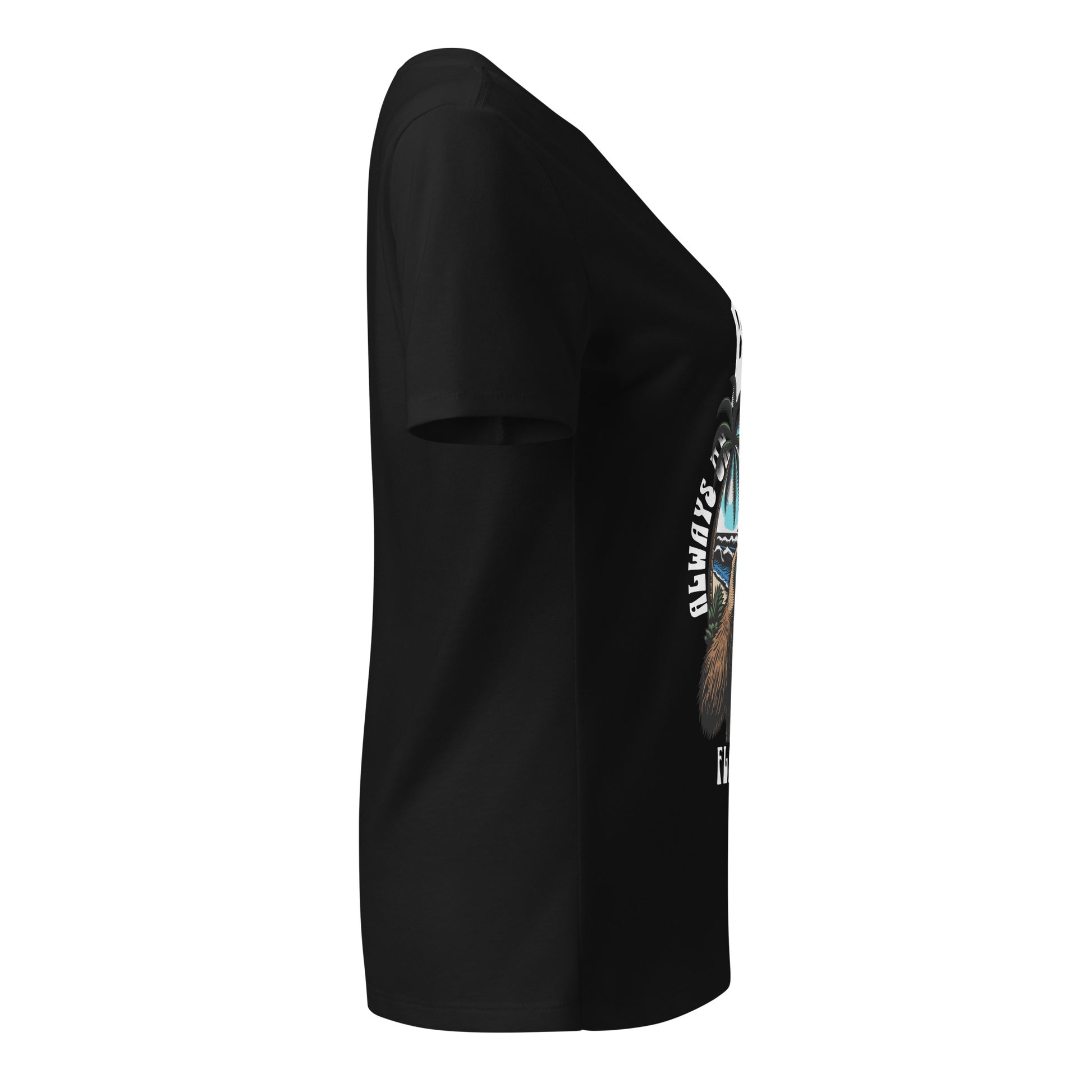 Black t-shirt with a colorful graphic on the sleeve against a white background