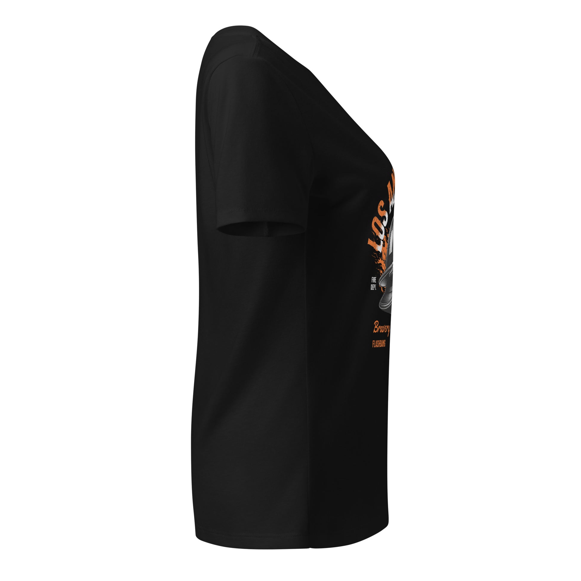 Black t-shirt with a graphic design on the sleeve against a white background