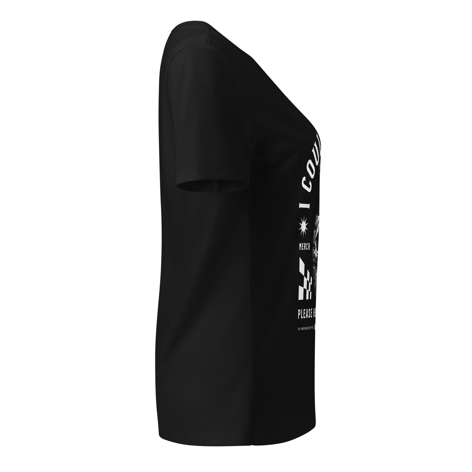 Black t-shirt with white text and graphics on a white background