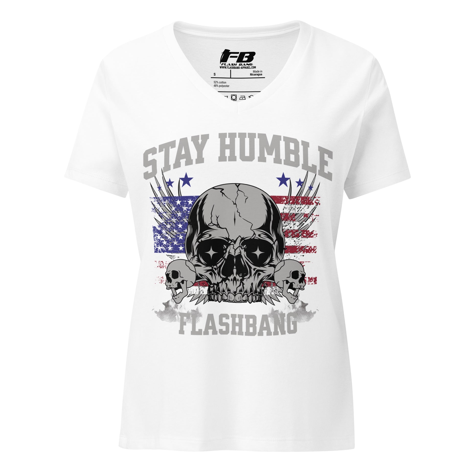 White t-shirt with skull graphic and text 'Stay Humble' on a white background