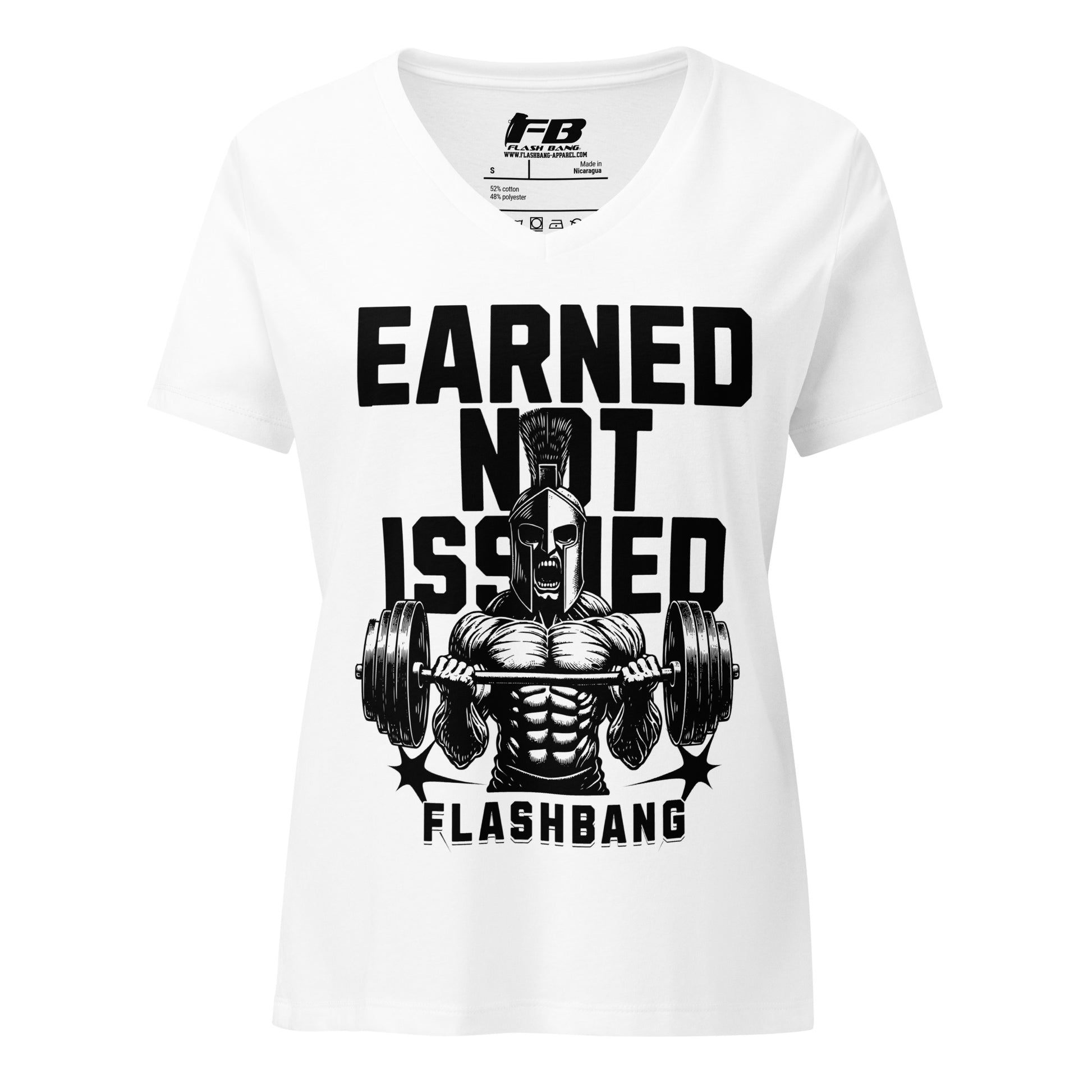 White t-shirt with graphic design and text 'Earned Not Issued Flashbang' on a white background