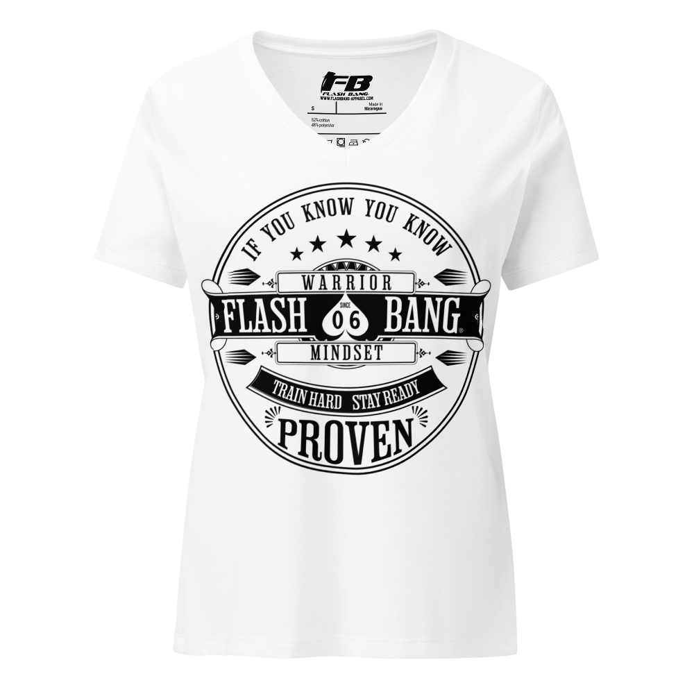 White t-shirt with black graphic design and text on a white background