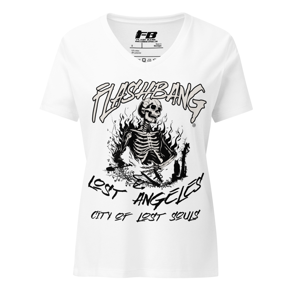 White t-shirt with black graphic design and text on a white background