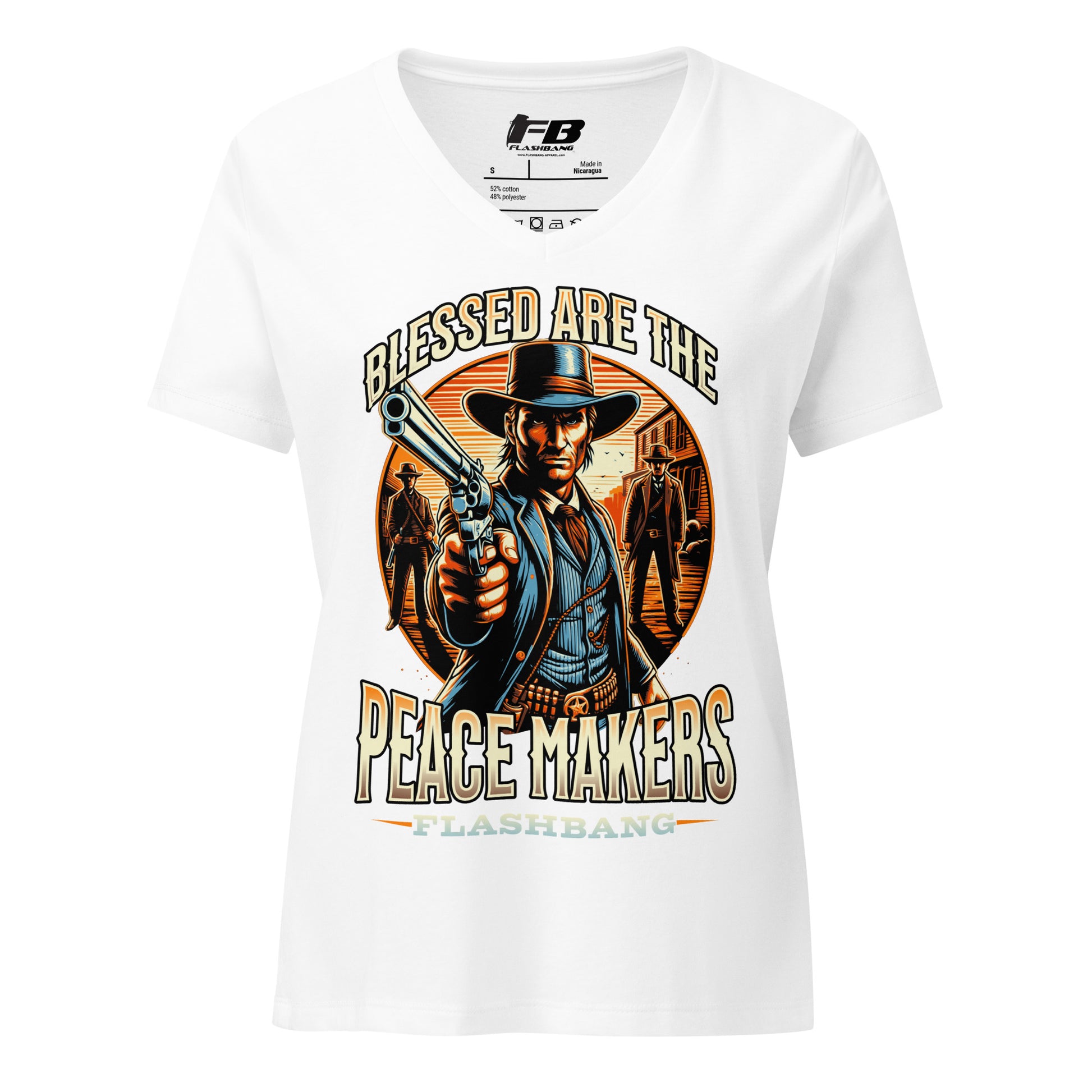 White t-shirt with a graphic of a cowboy holding a gun and text 'Blessed are the Peace Makers' on a white background.
