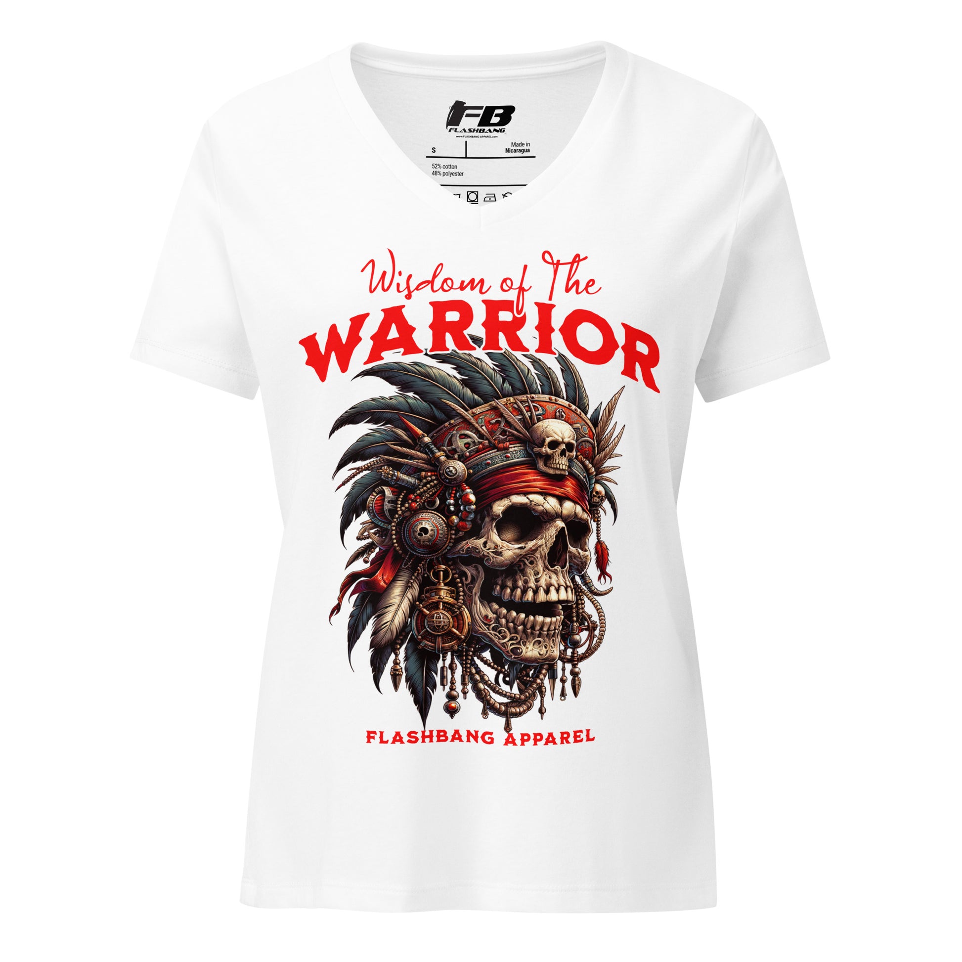White t-shirt with a skull and feather design and 'Warrior' text on a white background