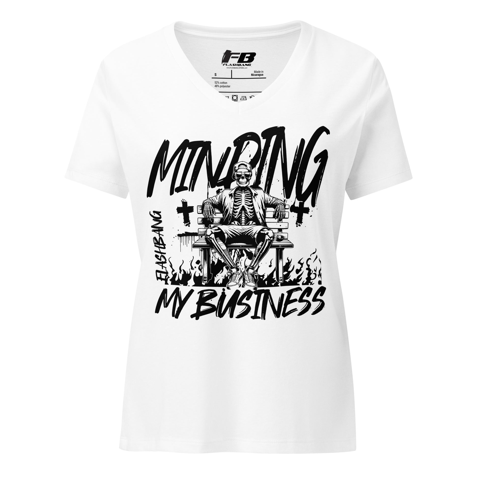 White t-shirt with black graphic design and text on a white background