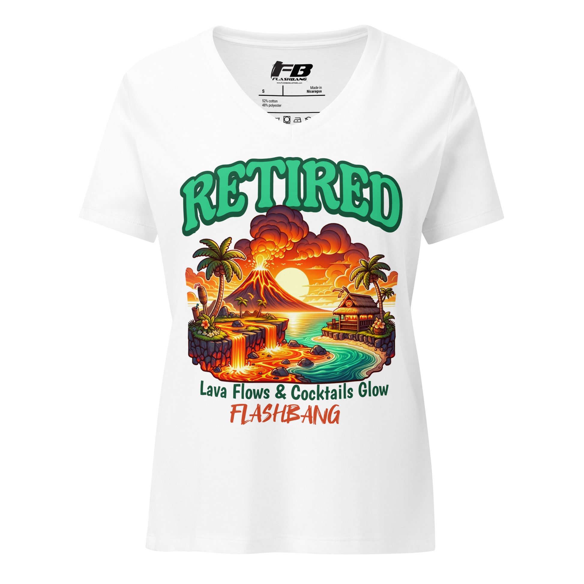White t-shirt with a colorful graphic design featuring a volcano, palm trees, and the word 'Retired'.