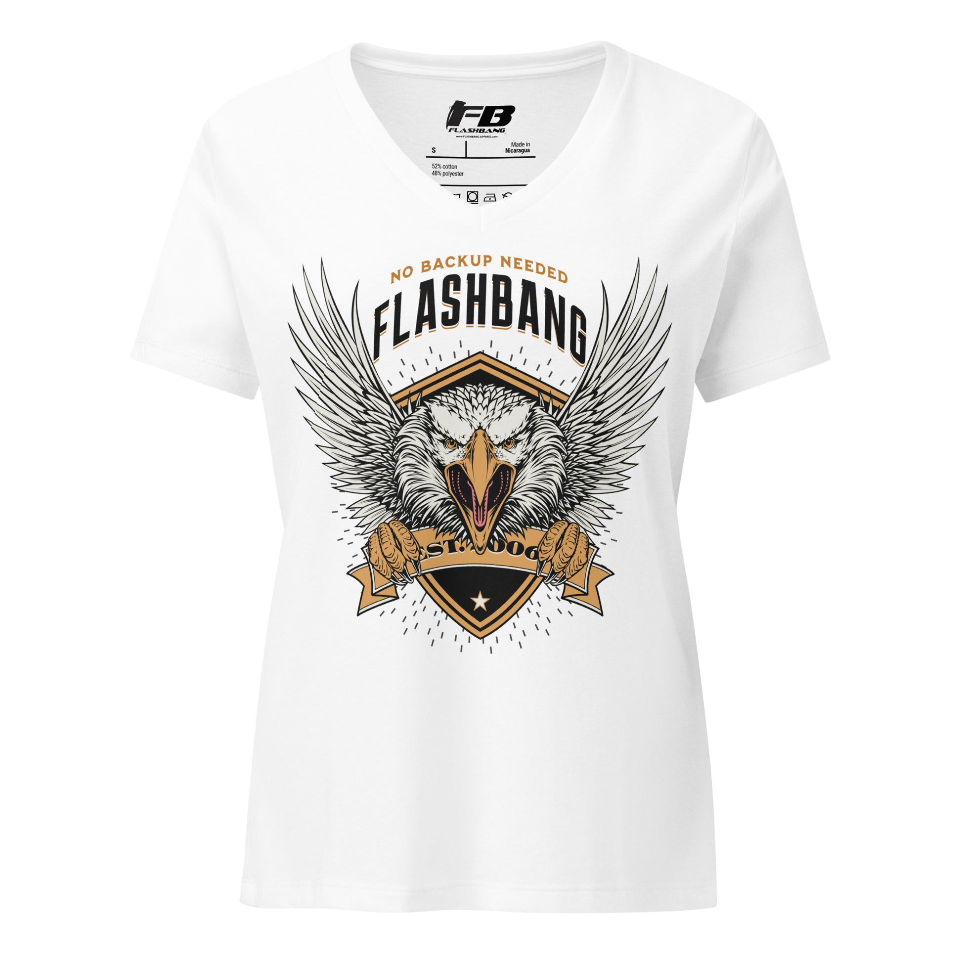 White t-shirt with 'Flashbang' graphic design featuring an eagle and text on a white background