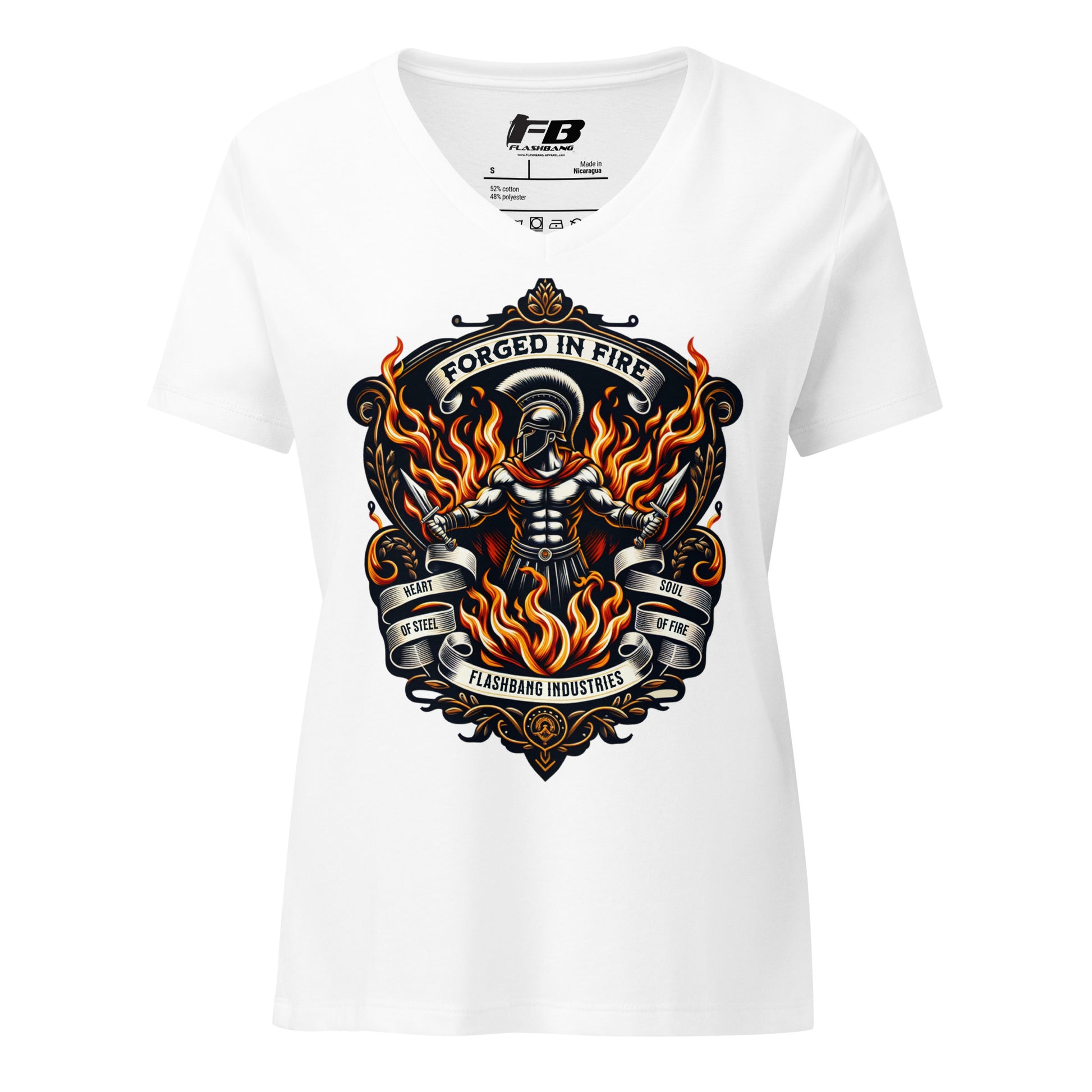 White t-shirt with a graphic design featuring flames and text on a white background