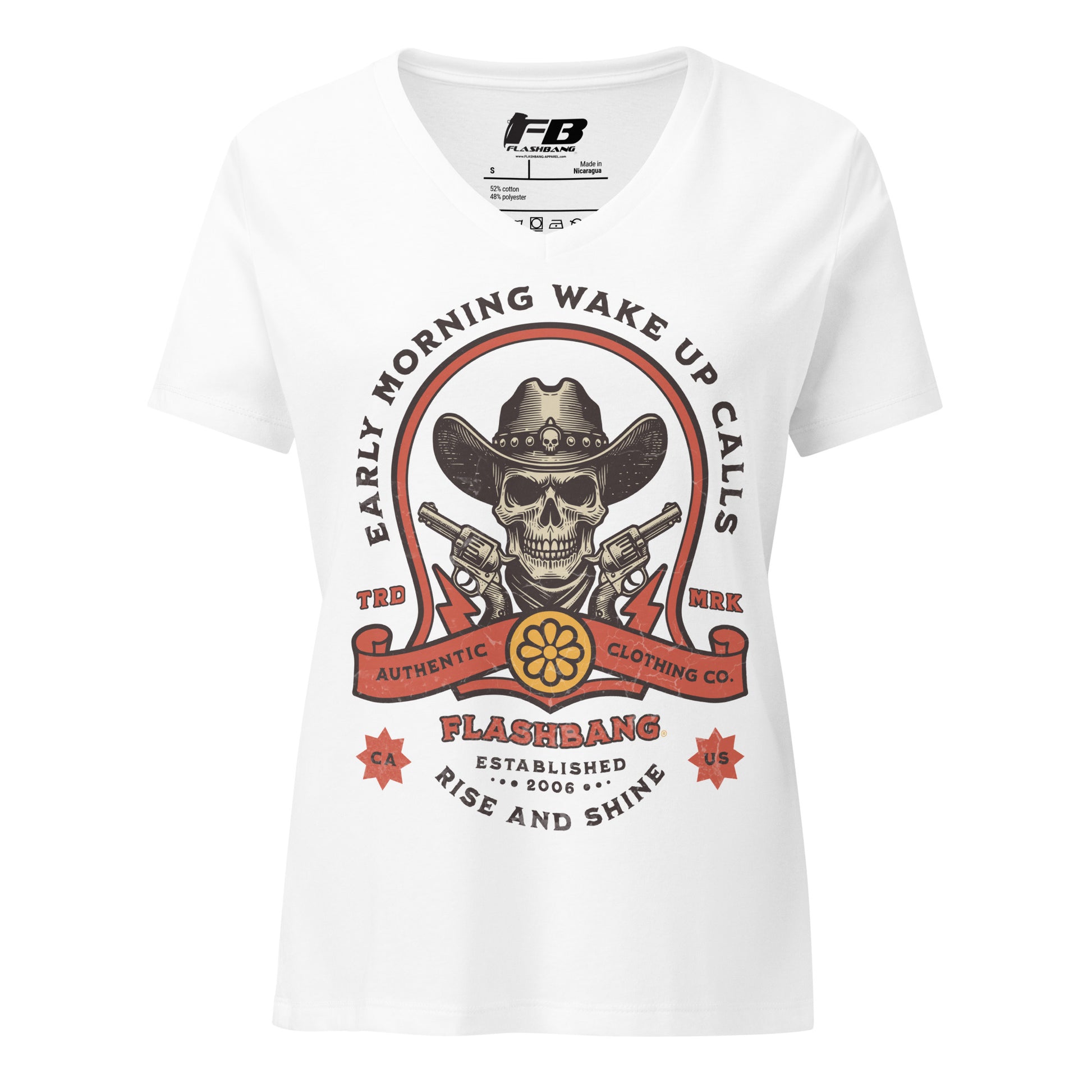 White t-shirt with a graphic design featuring a skull in a cowboy hat and revolvers, with text 'Early Morning Wake Up Calls' and 'Flashbang'.
