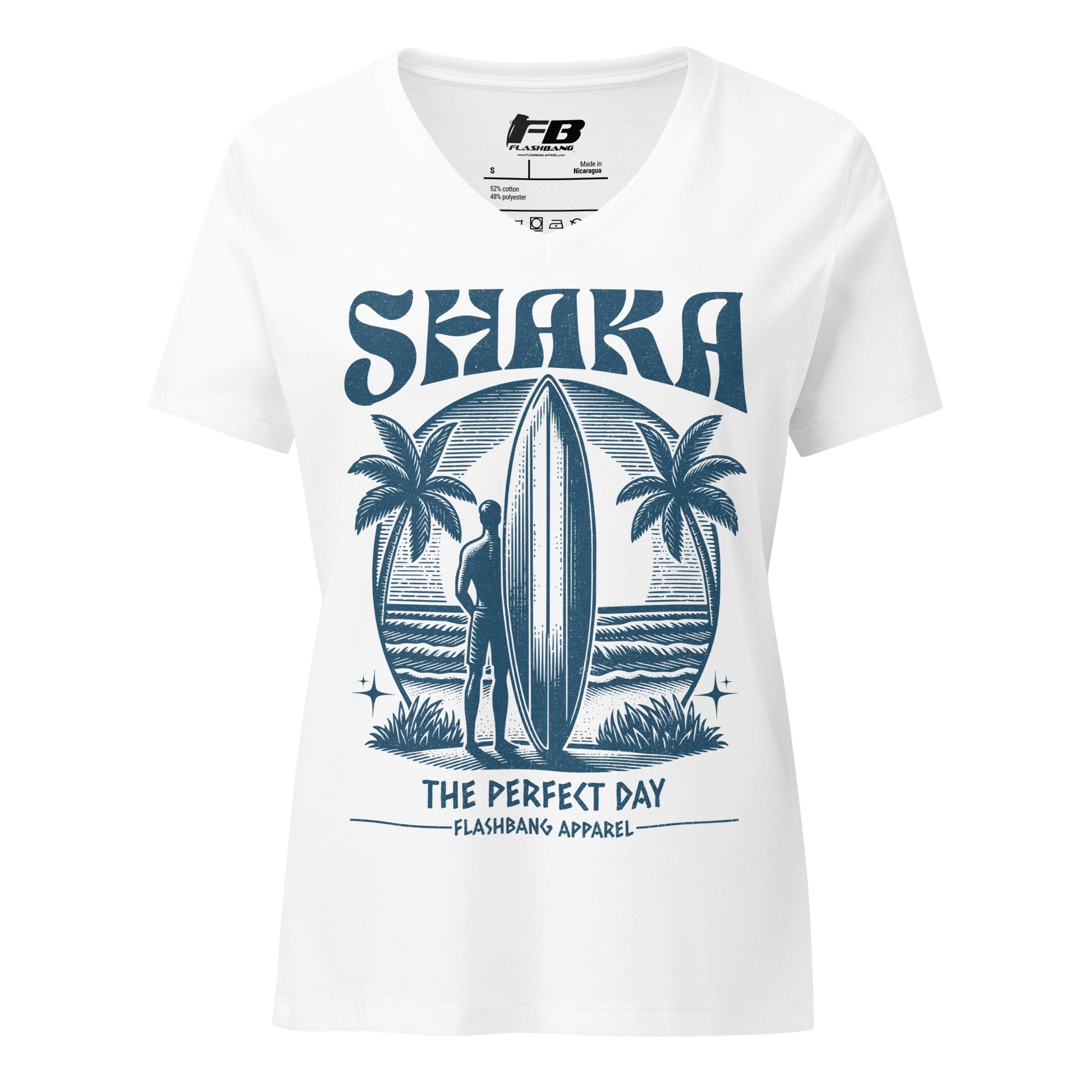 White t-shirt with 'Shaka The Perfect Day' graphic design on a white background
