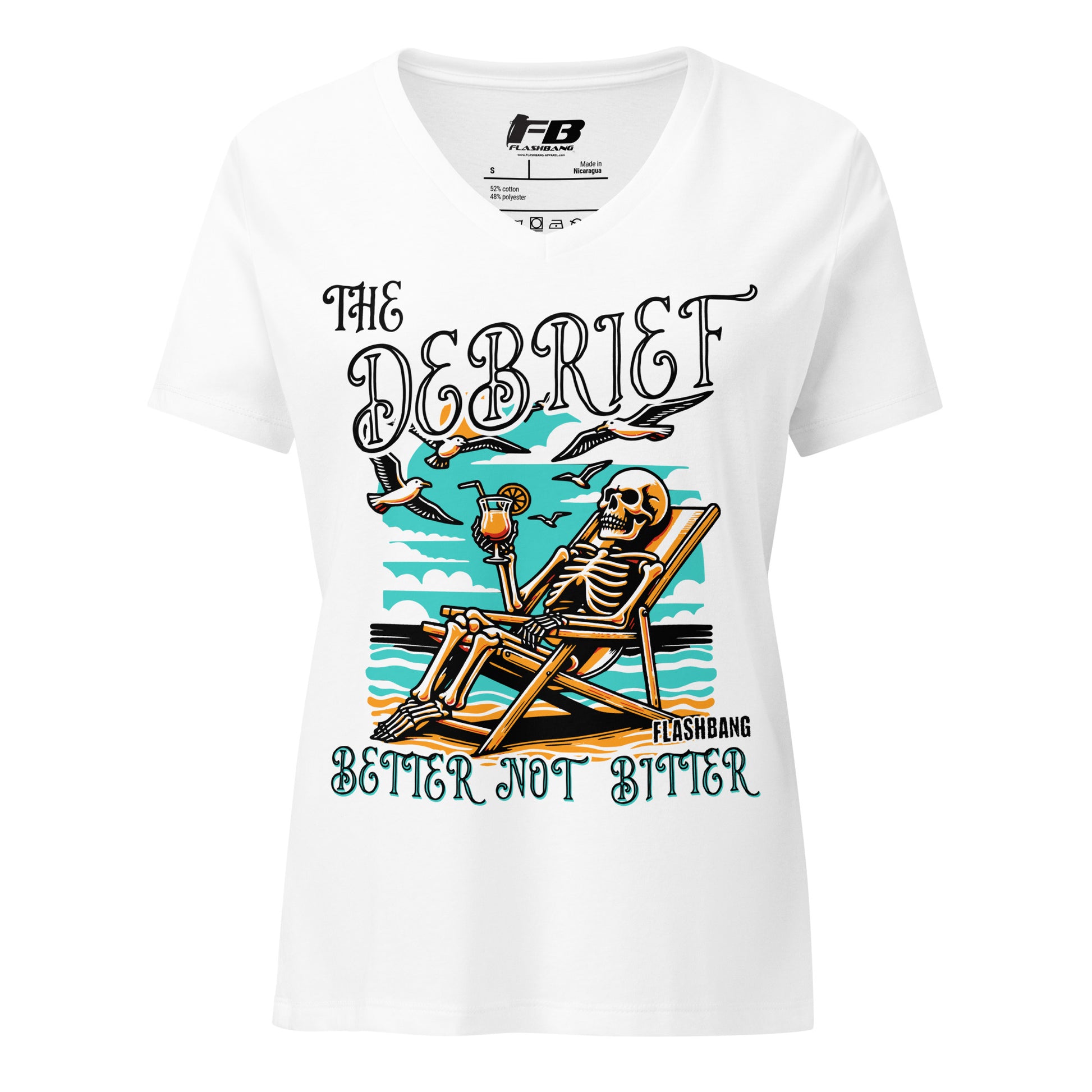 White t-shirt with skeleton design and text on a white background