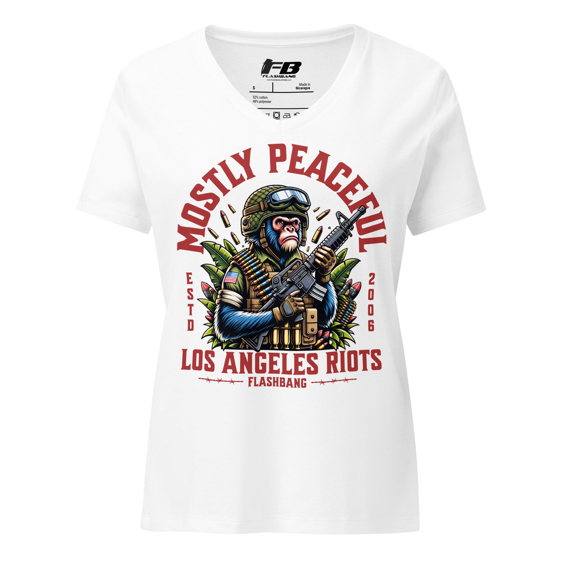 White t-shirt with graphic design featuring a monkey holding a gun and text on a white background