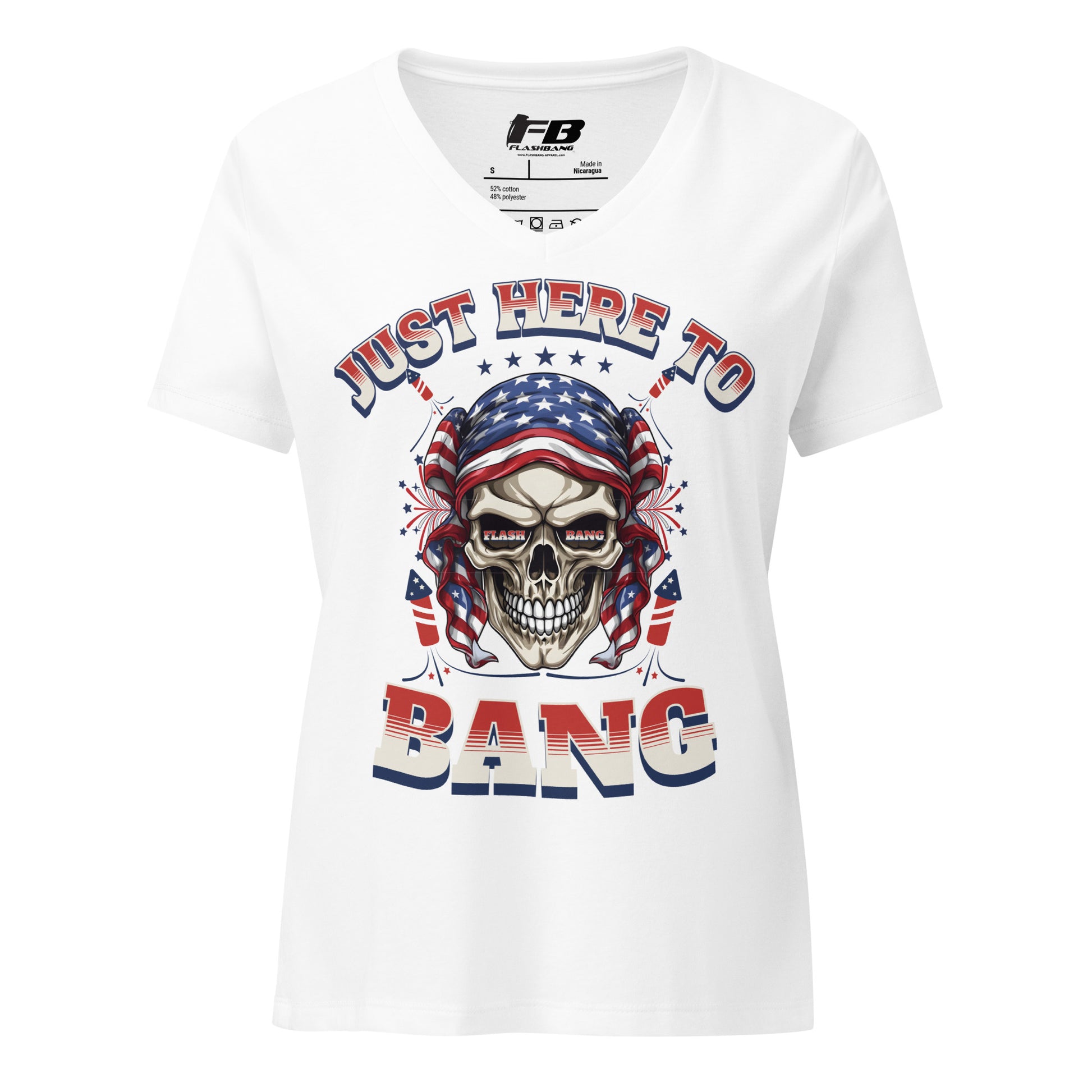 White t-shirt with a skull graphic and text 'Just Here To Bang' featuring American flag colors on a white background.