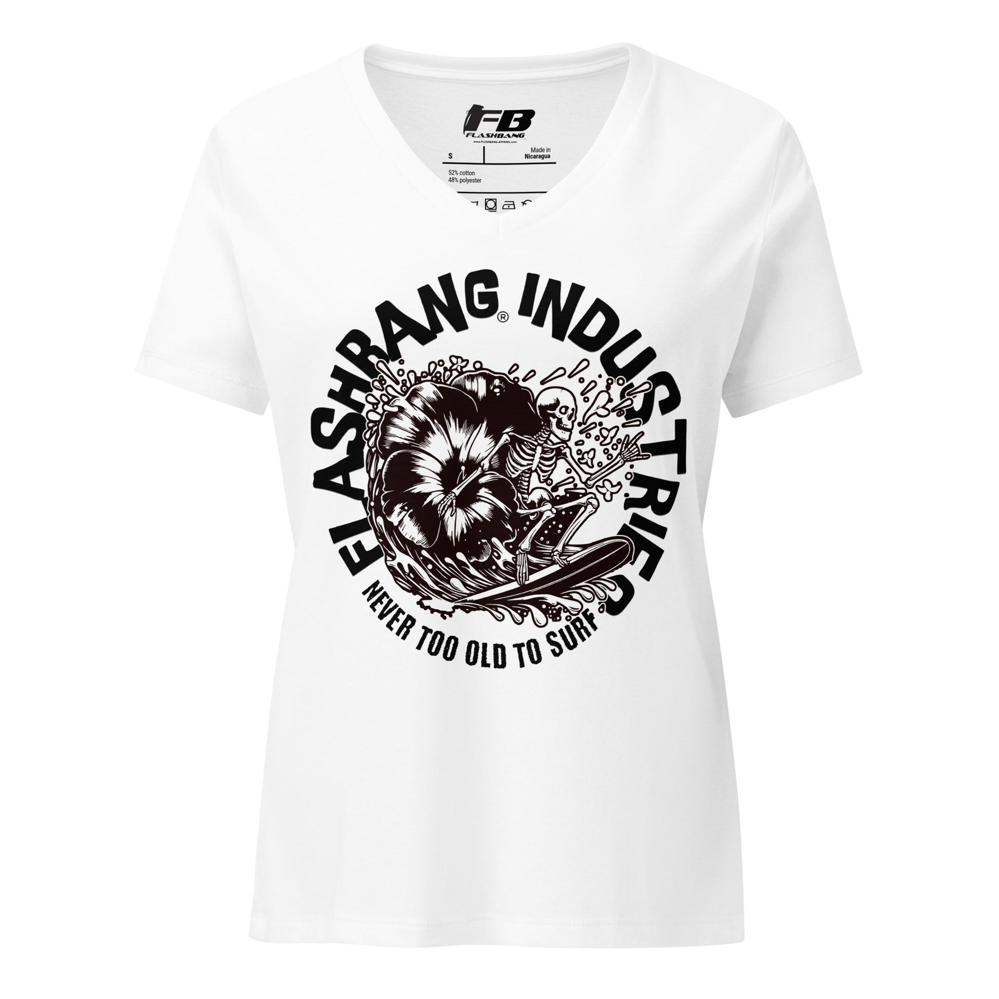 White t-shirt with black graphic design and 'Flashbang Industries' text on a white background