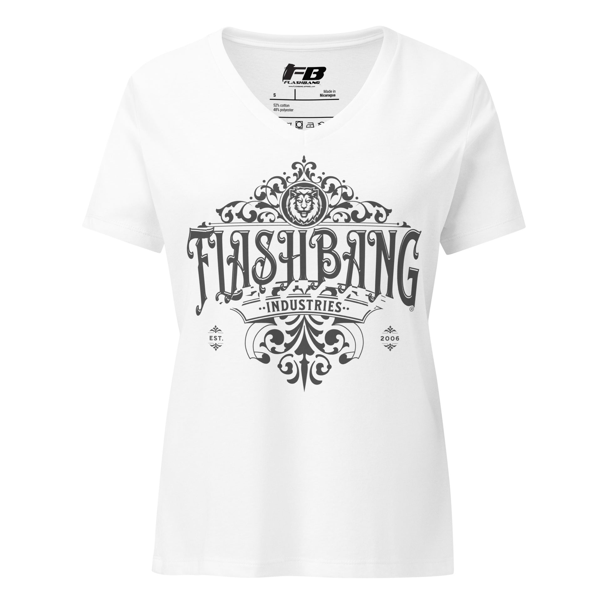 White t-shirt with 'Flashbang Industries' graphic design on a white background