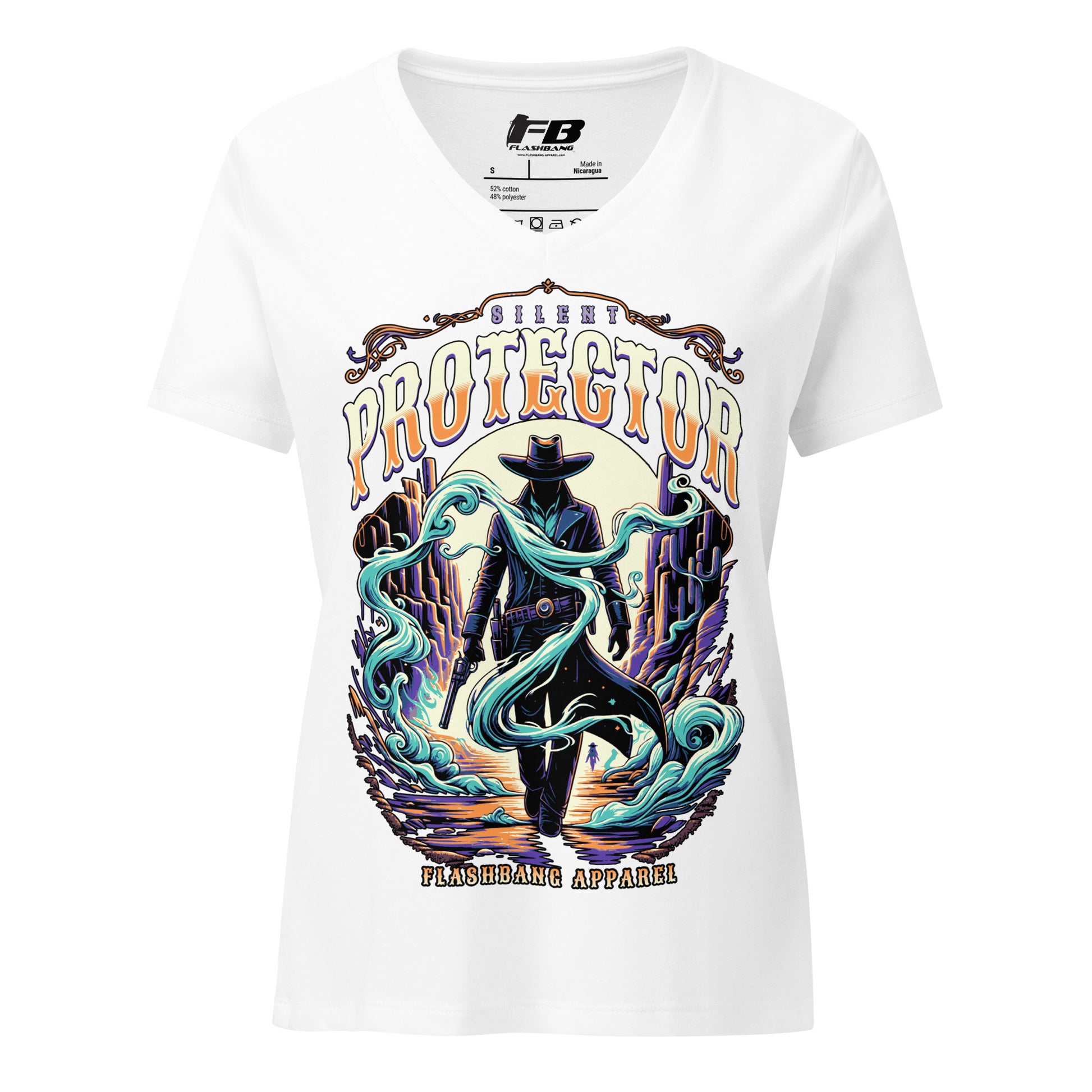 White t-shirt with a graphic design of a cowboy and text 'Silent Protector' on a white background.