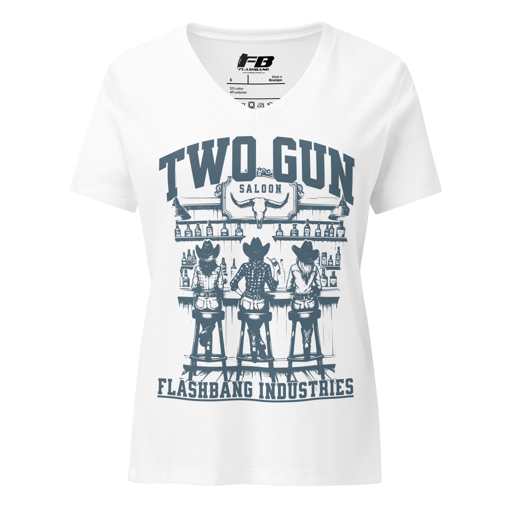 White t-shirt with 'Two-Gun Saloon' graphic and 'Flashbang Industries' text on a white background