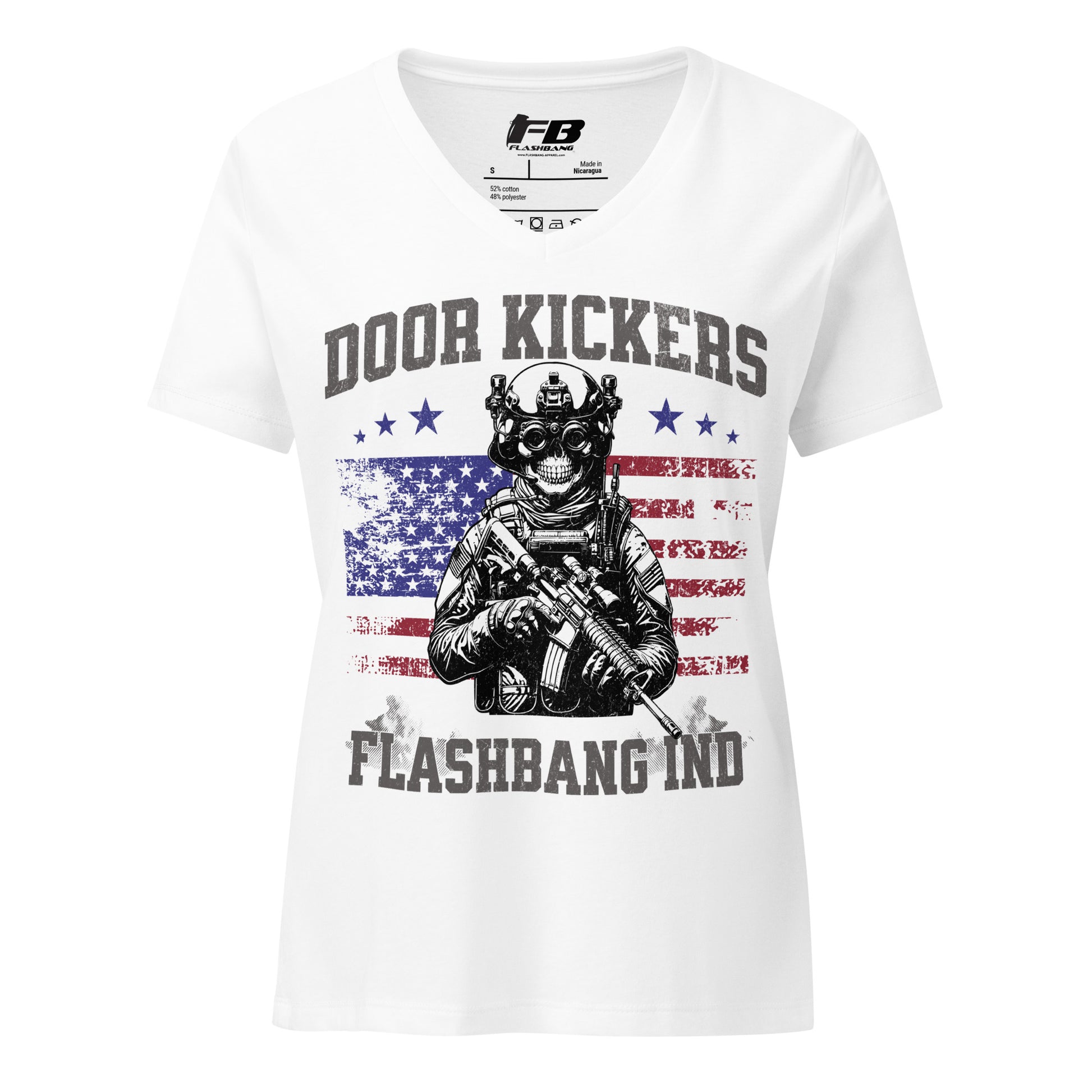 White t-shirt with graphic design and text on a white background