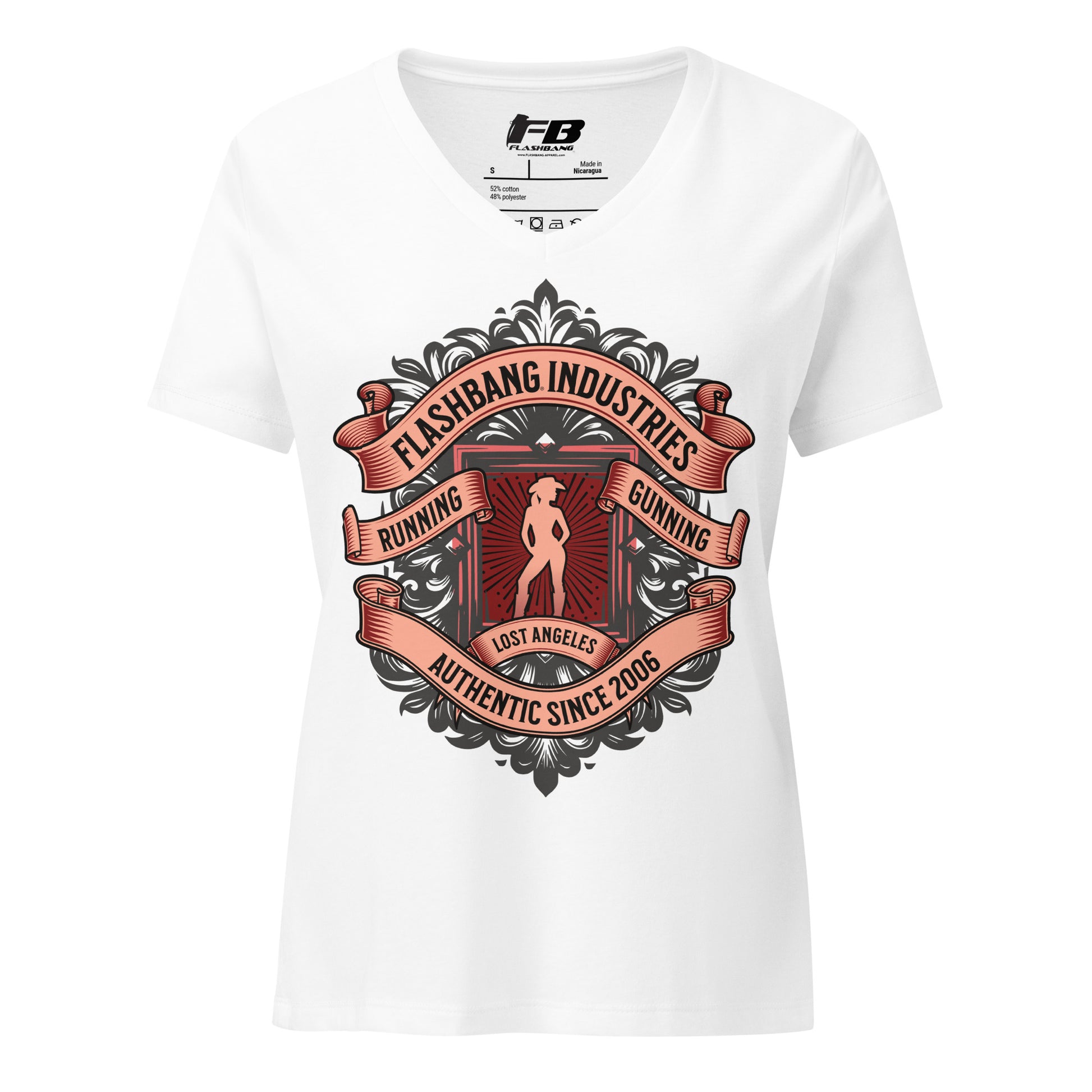 White t-shirt with a graphic design and 'Flashbang Industries' branding on a white background