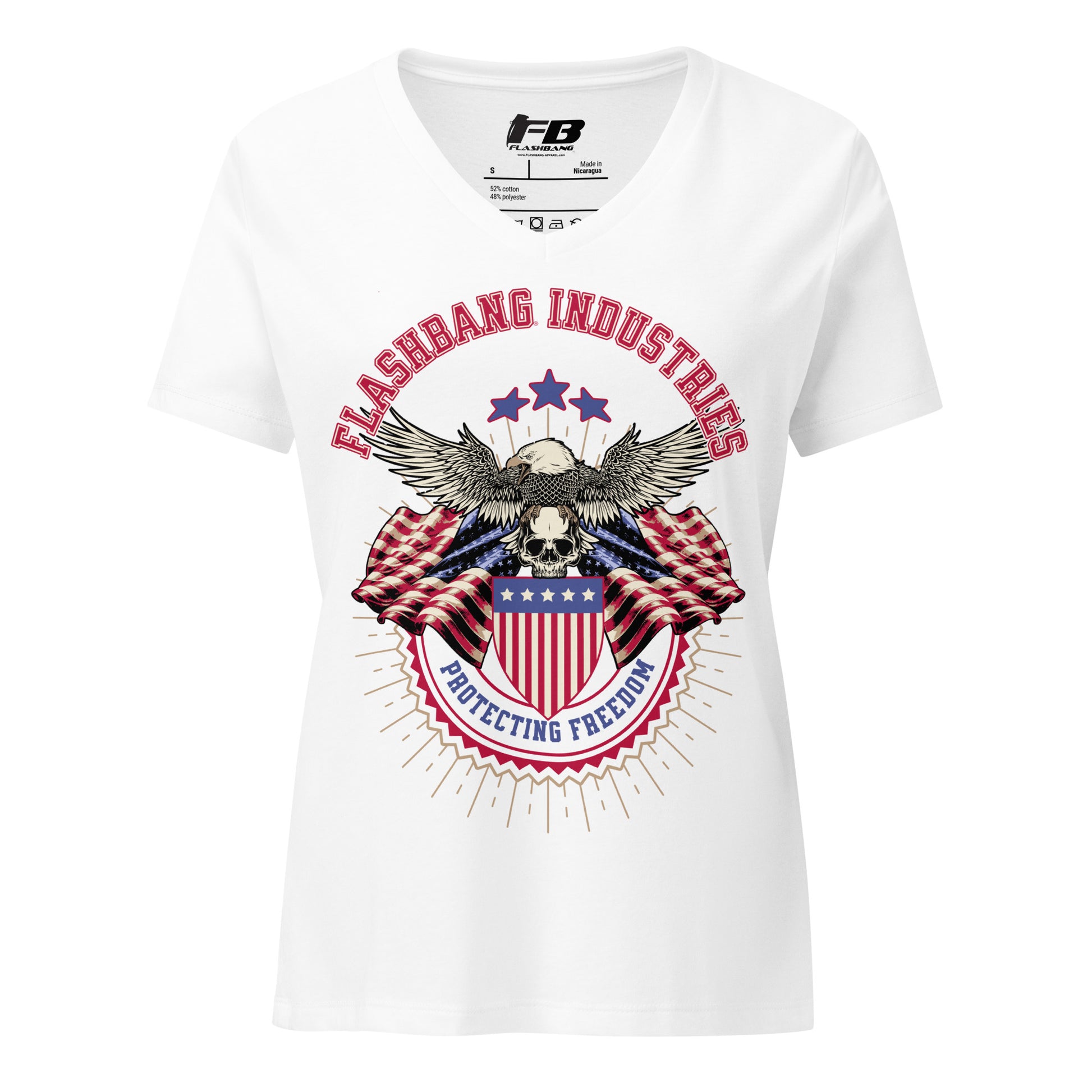 White t-shirt with 'Flashbang Industries' graphic design featuring an eagle and American flag on a white background.