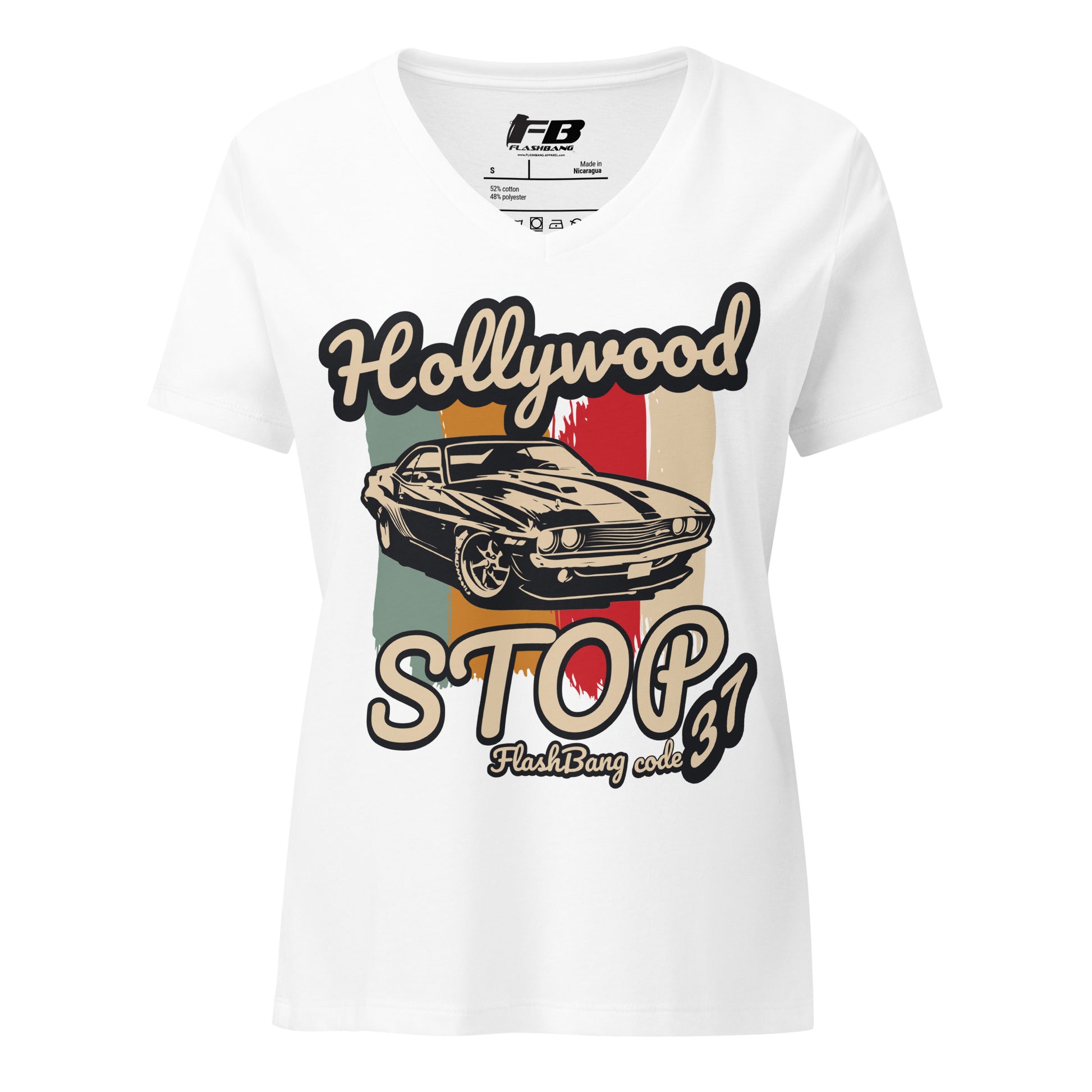 White t-shirt with a graphic of a car and text on a white background