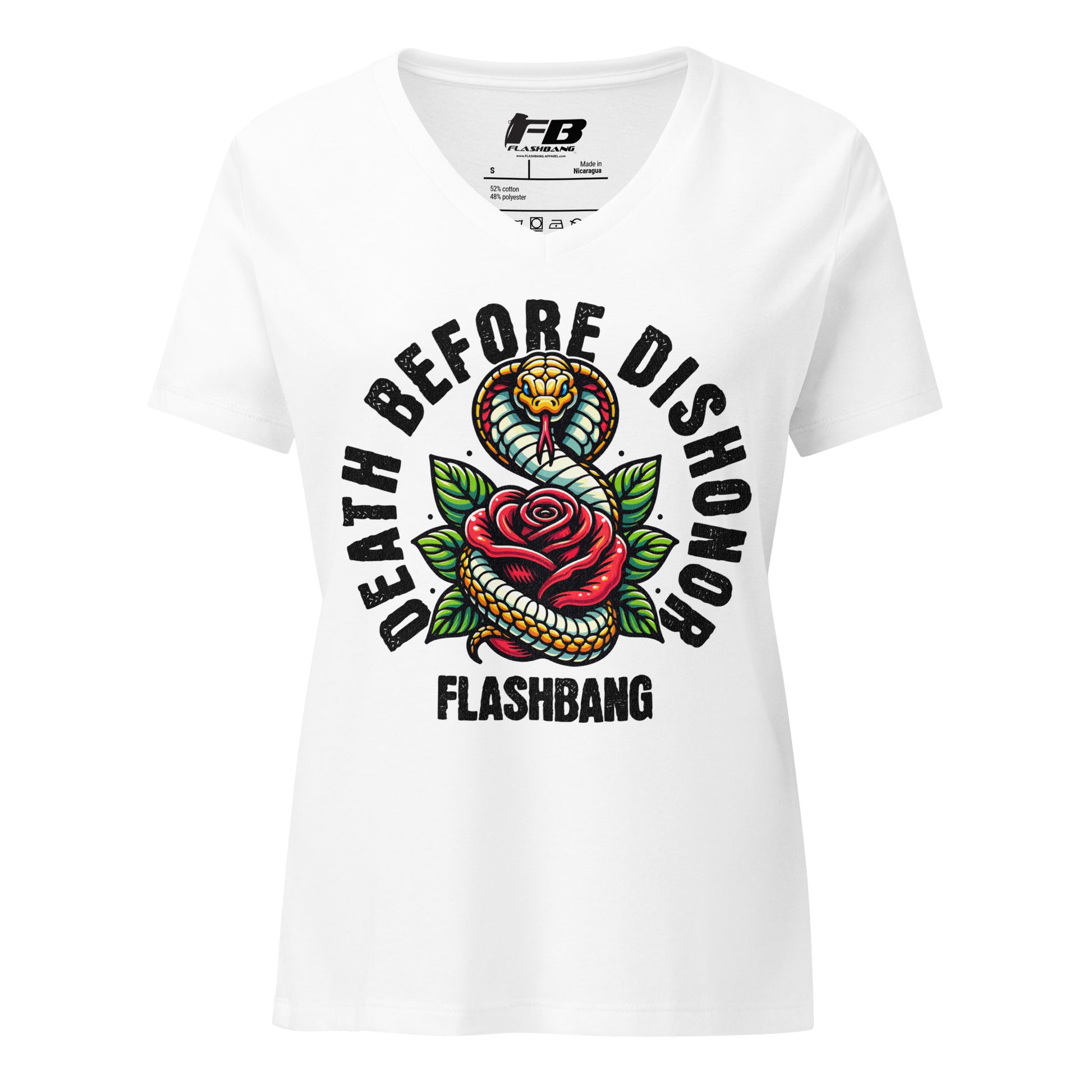 White t-shirt with snake and rose graphic and 'Flashbang' text on a white background