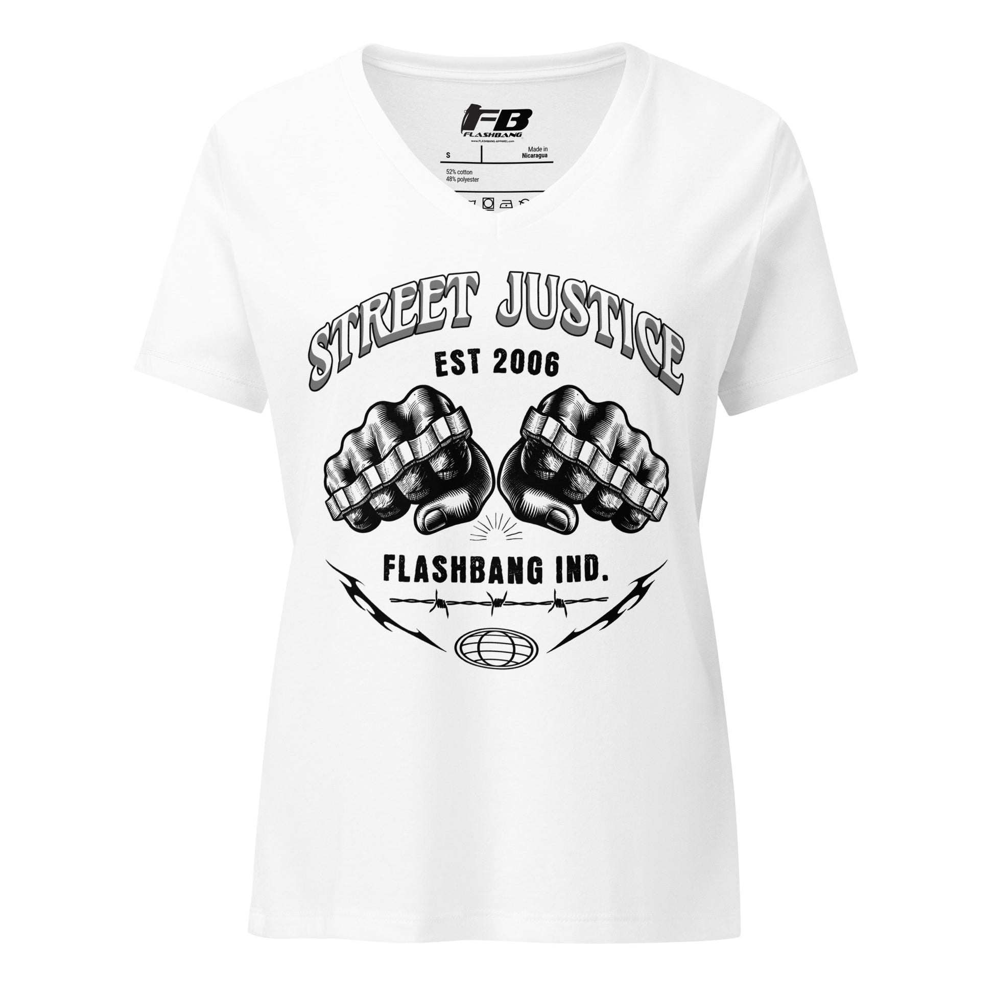 White t-shirt with black graphic design and text on a white background