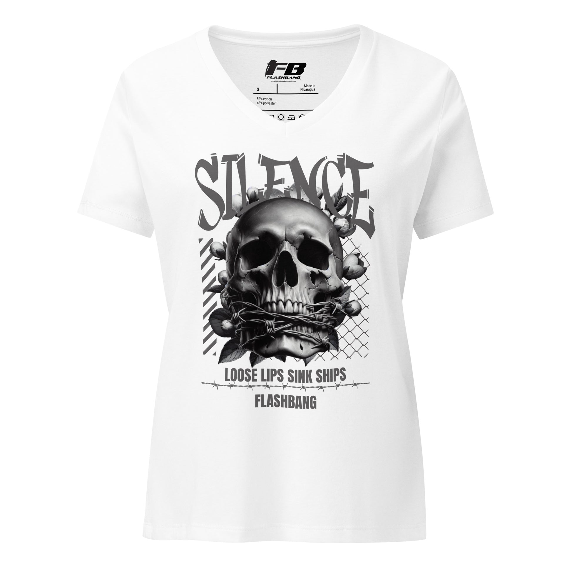 White t-shirt with a skull graphic and text on a white background