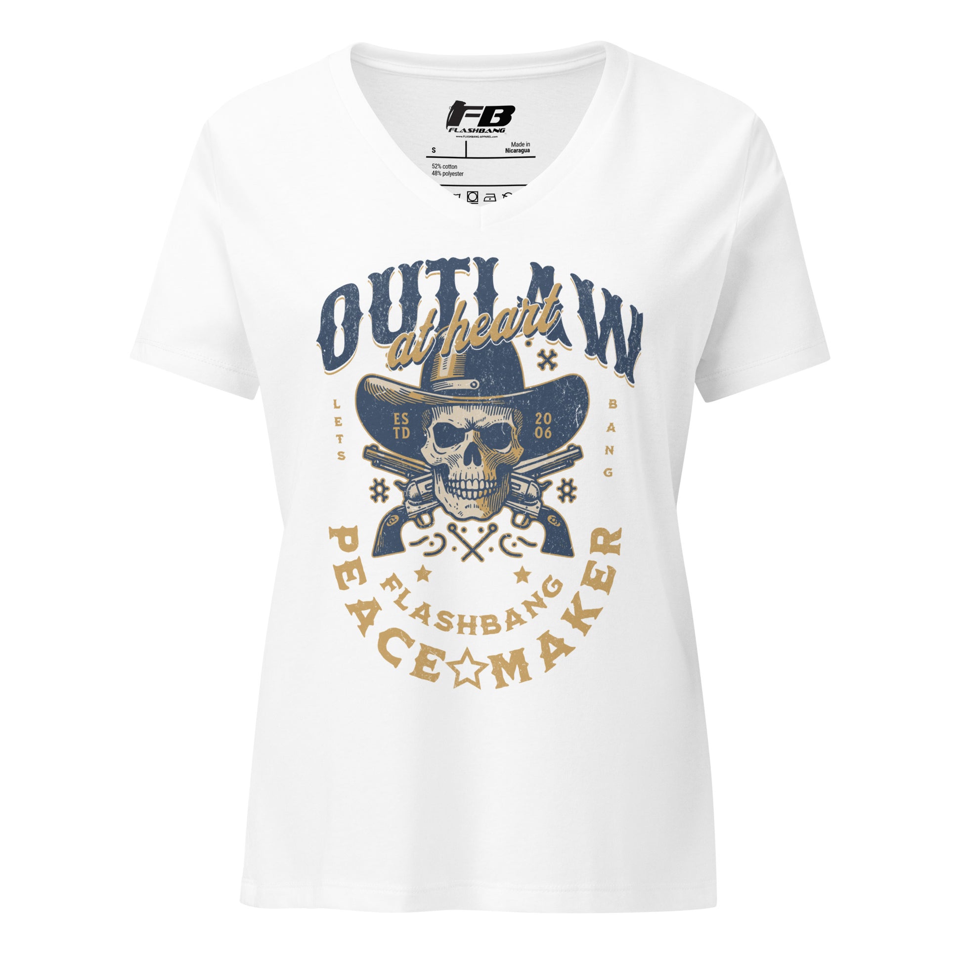 White t-shirt with skull and gun design on a white background